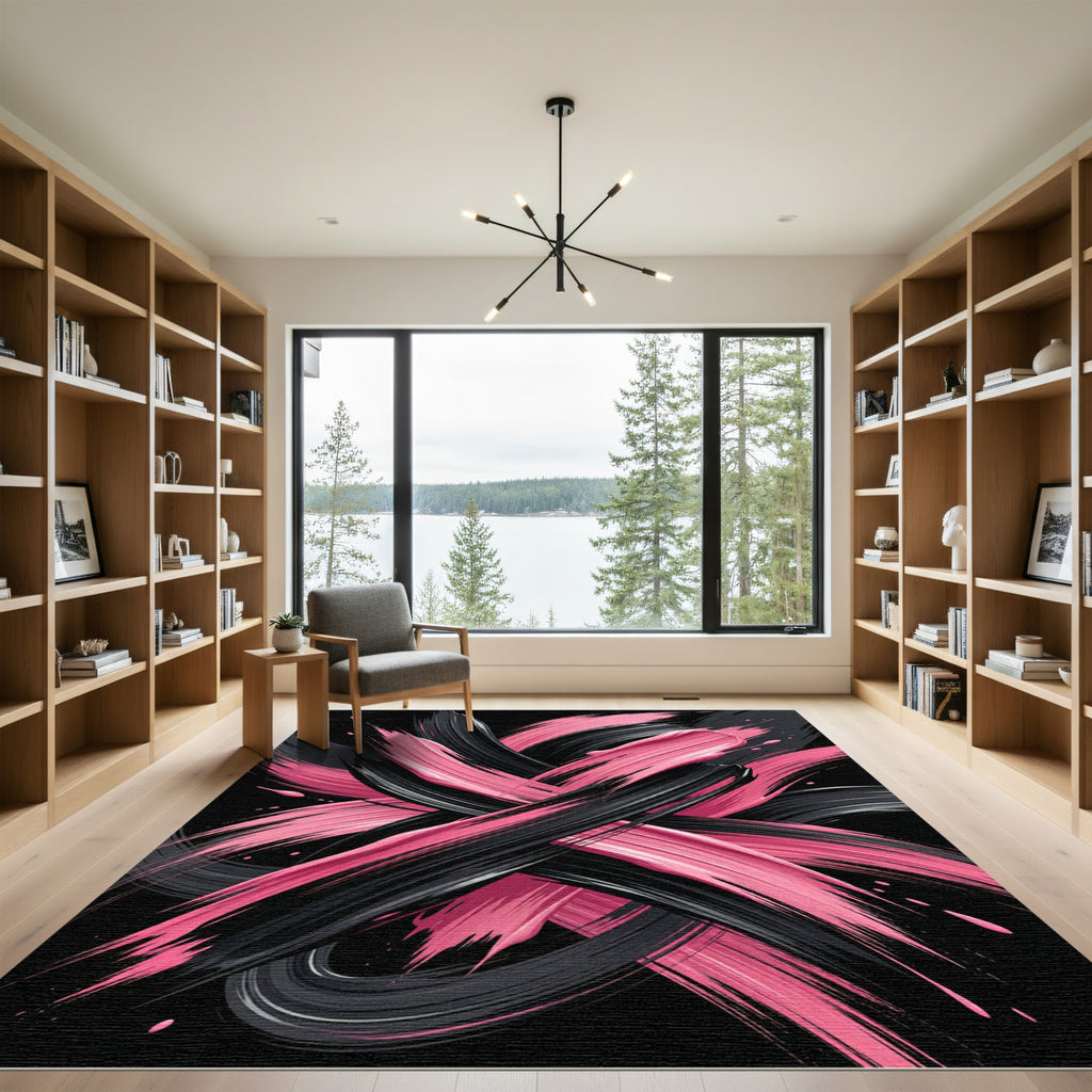 Bold Black and Pink Abstract Swirls Rug