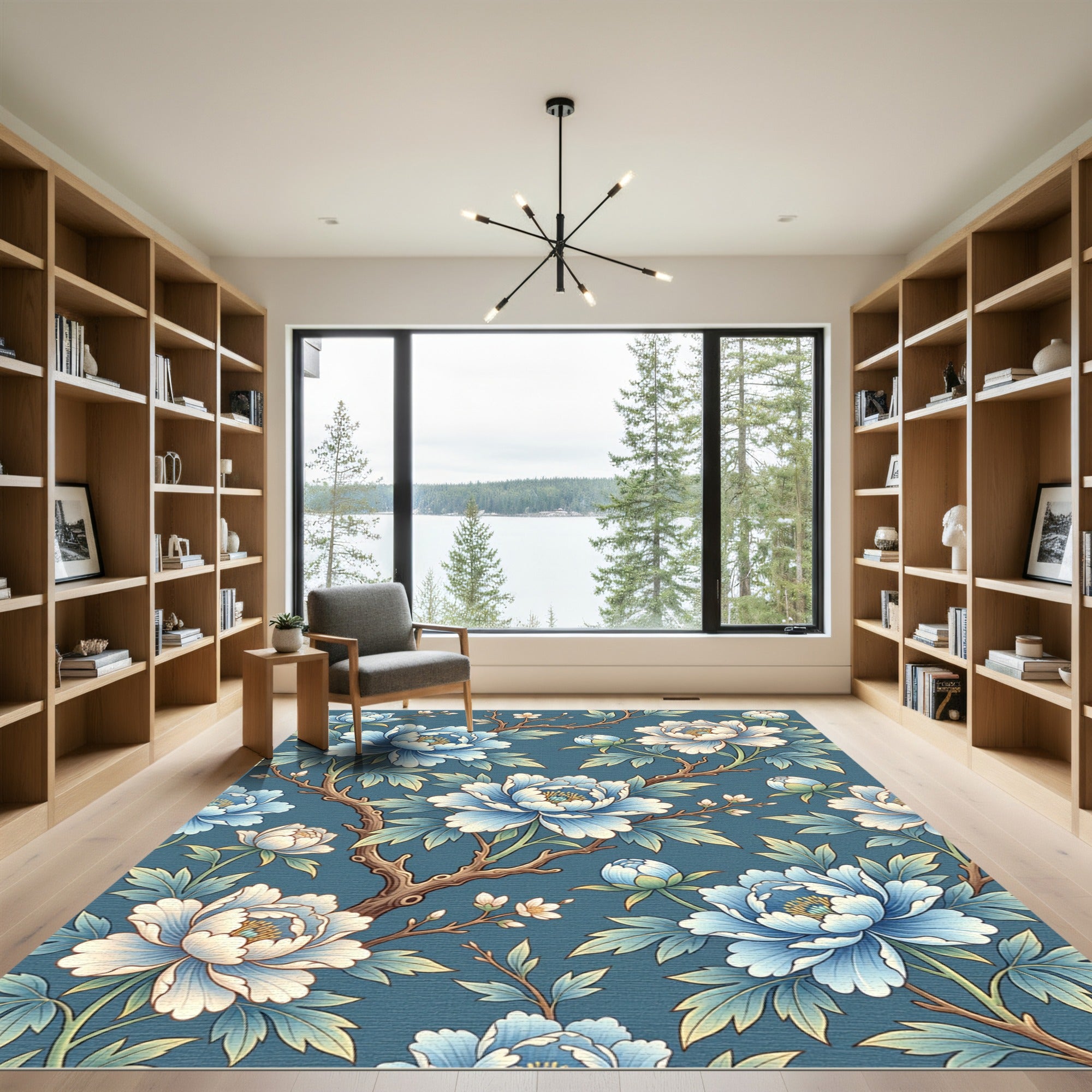 Chinoiserie Blue Peony Floral Branch Rug