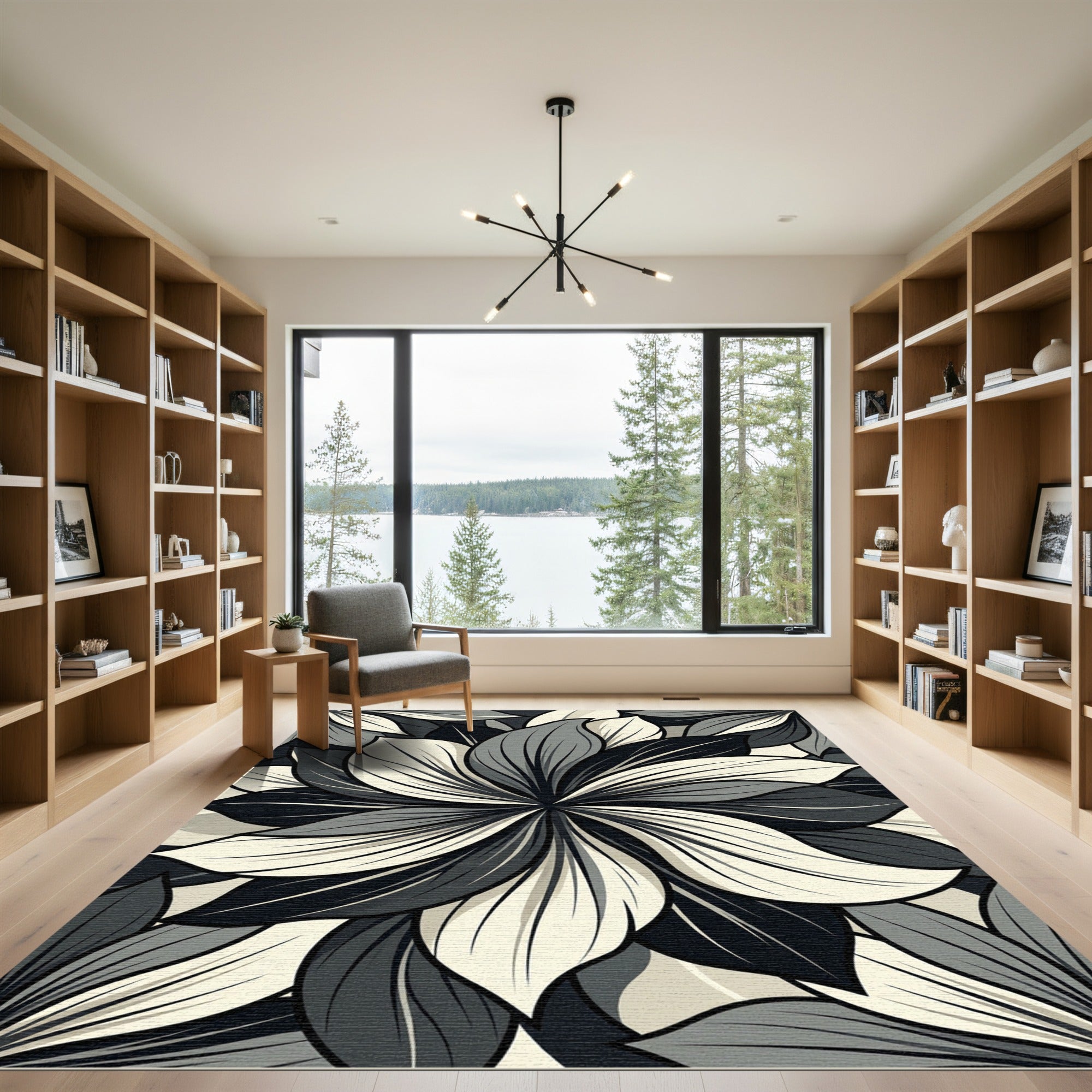 Monochrome Floral Petal Spiral Art Rug