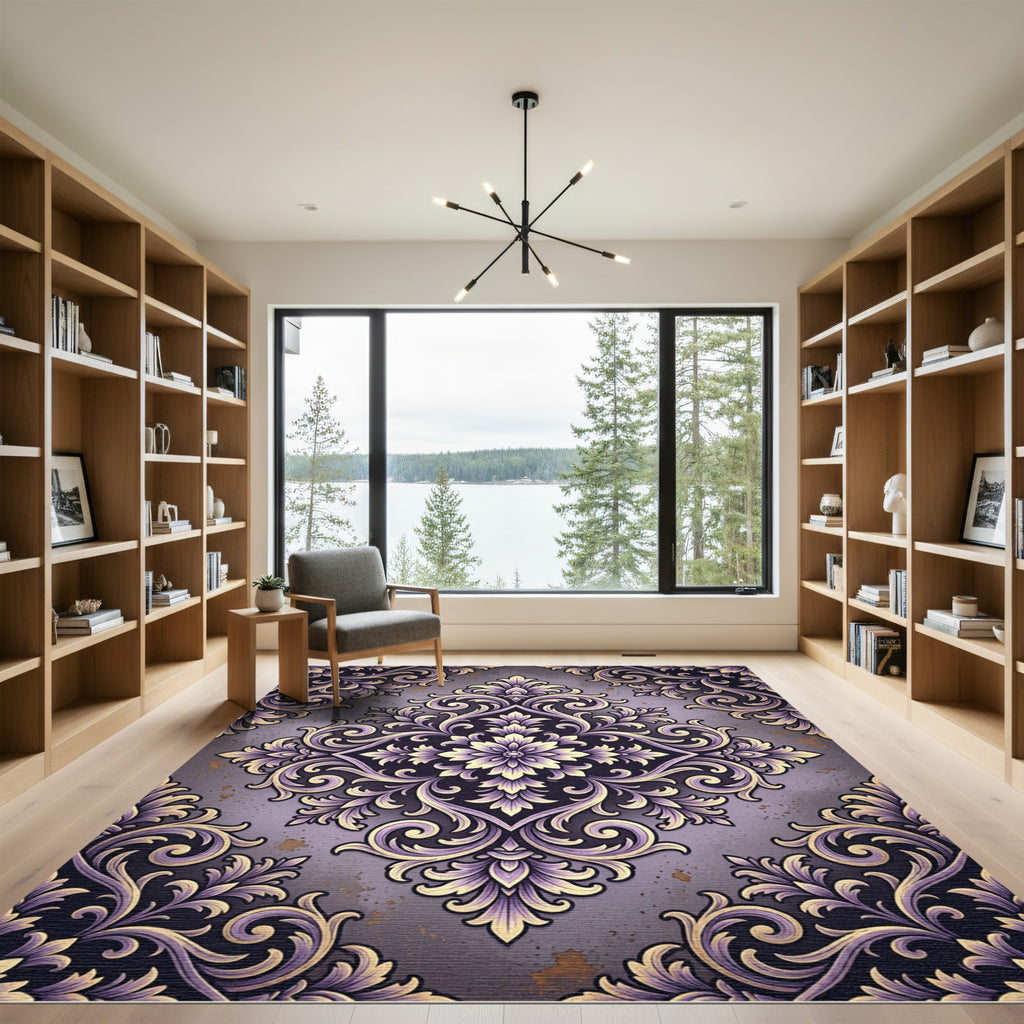Elegant Violet Gold Floral Damask Rug