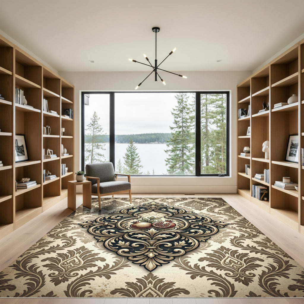 Elegant Pomegranate Damask Scroll Medallion Rug