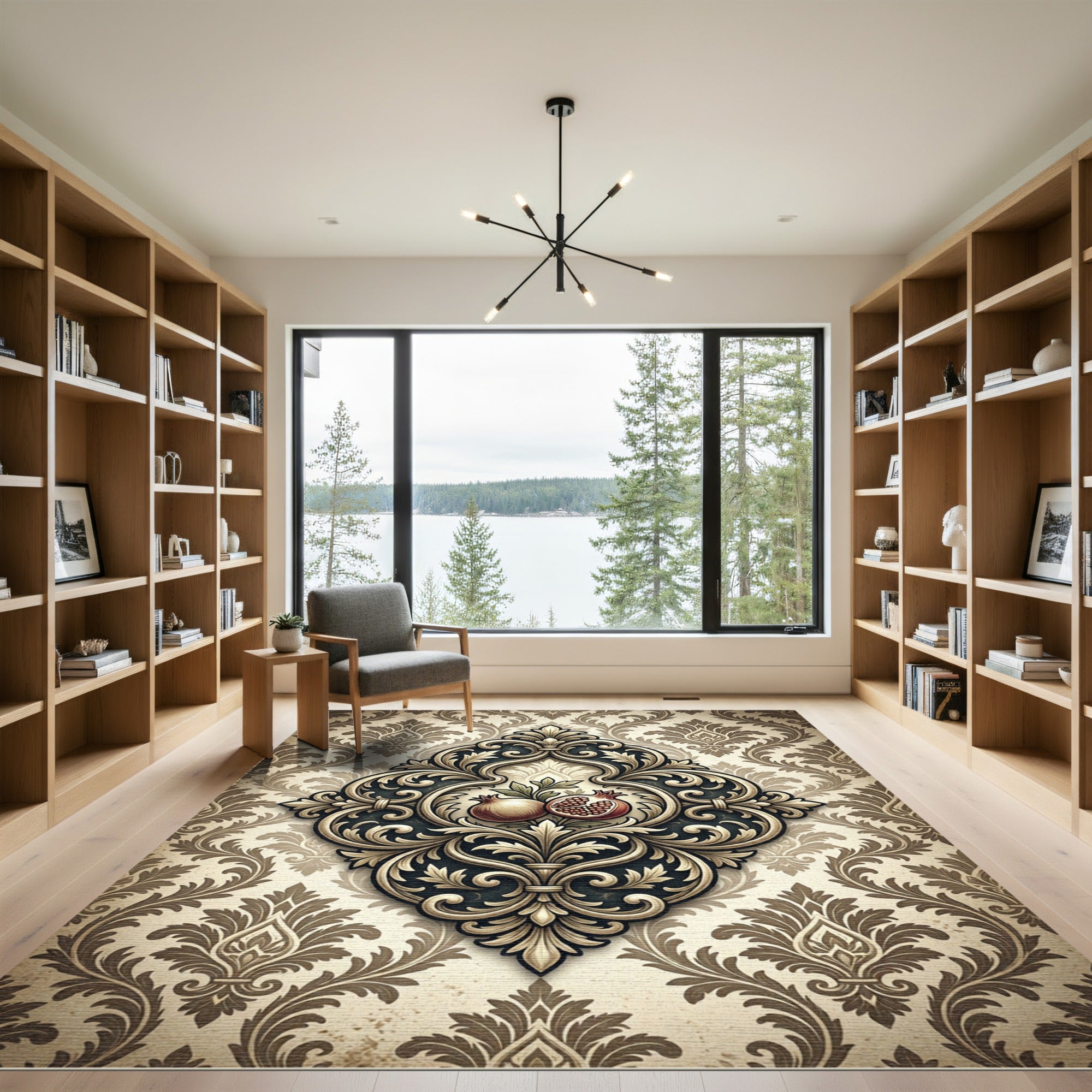 Elegant Pomegranate Damask Scroll Medallion Rug