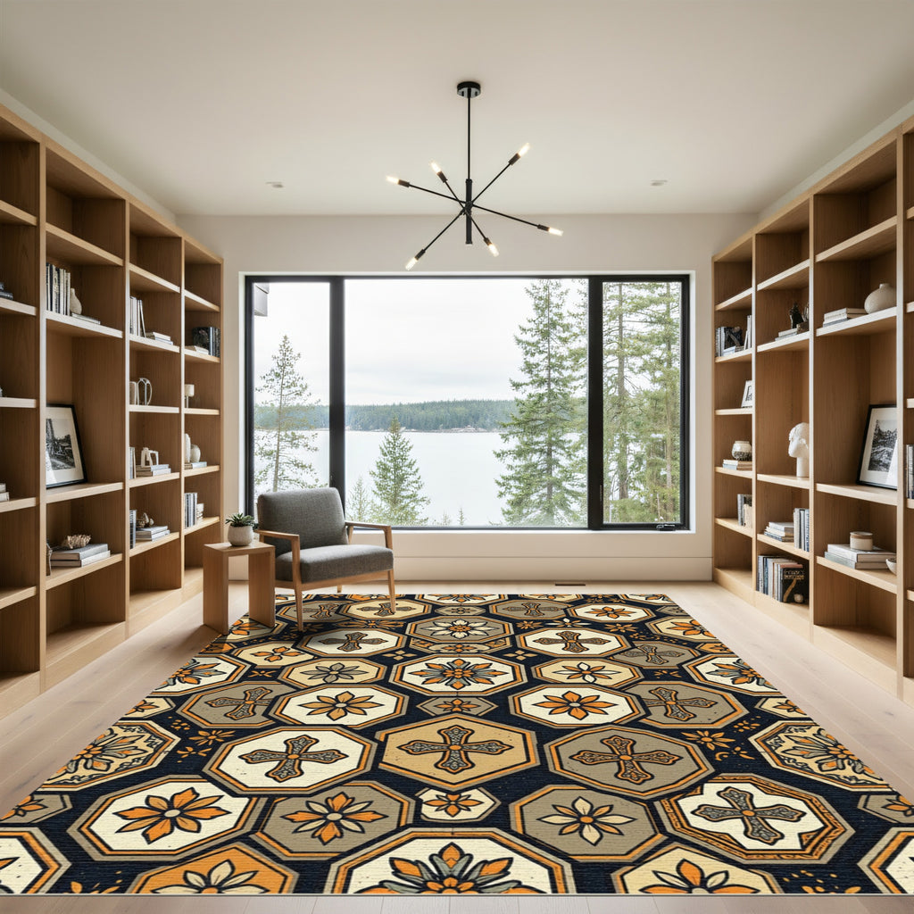 Vintage Orange Cross Floral Octagon Rug