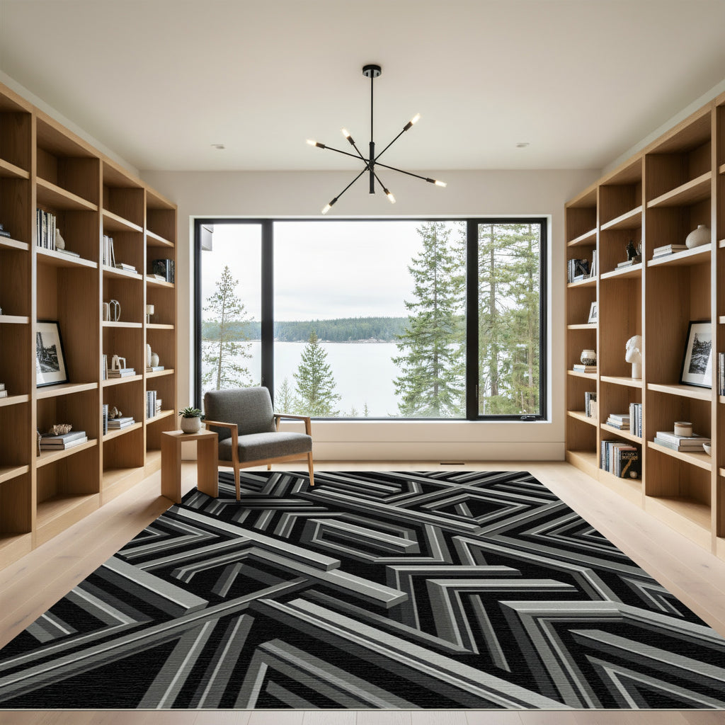 Gray Silver Geometric Maze Art Rug