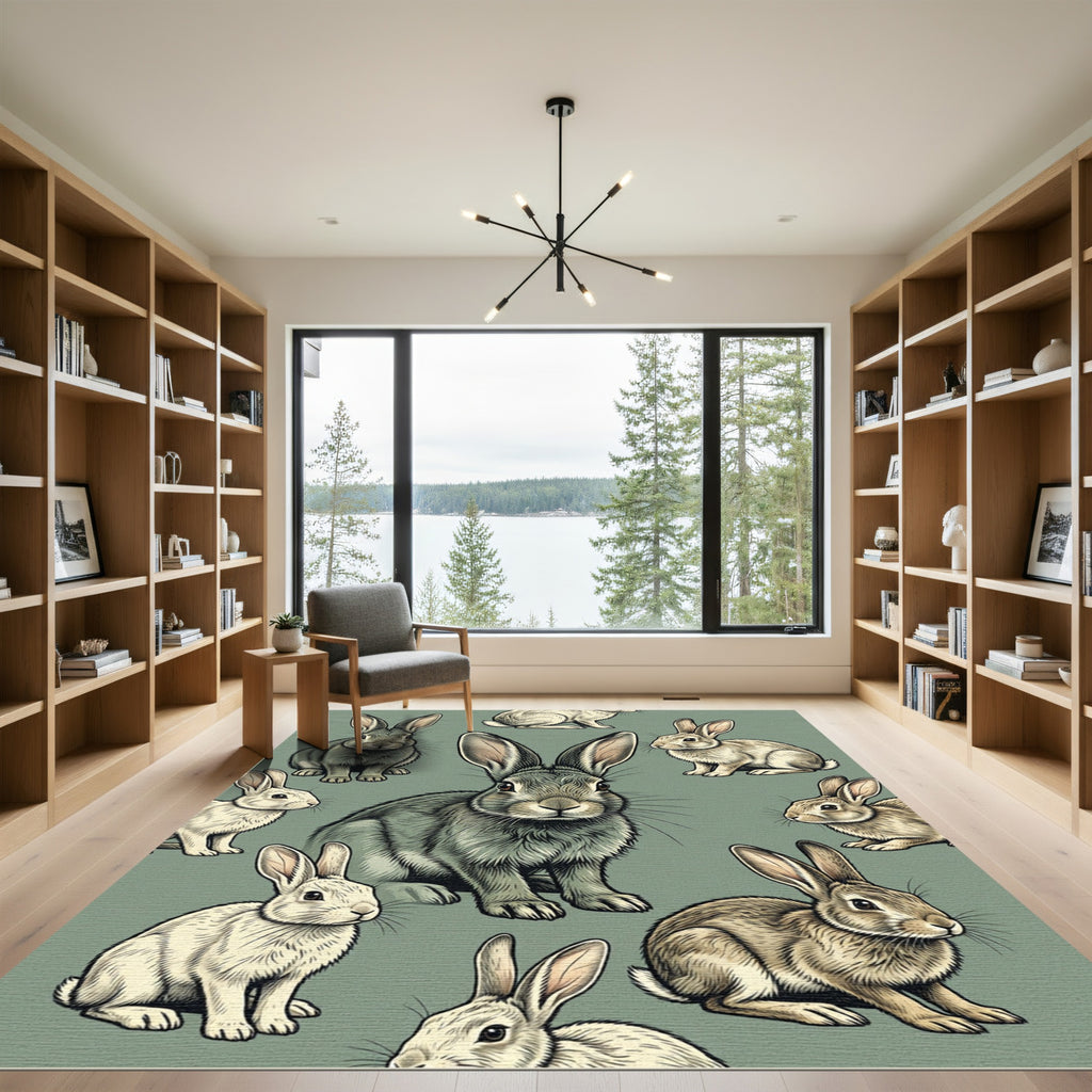 Charming Sage Green Woodland Rabbit Rug
