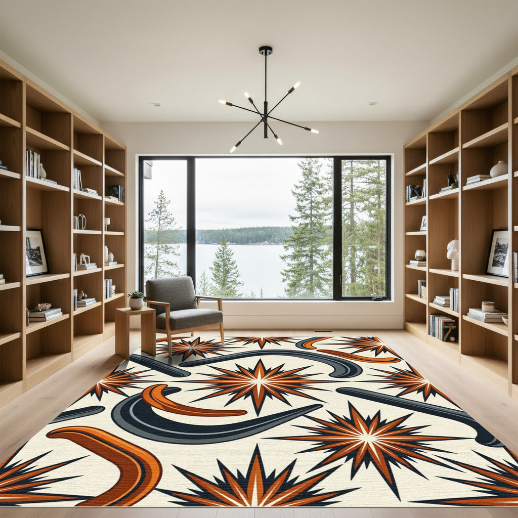 Midcentury Burnt Orange Gray Celestial Star Rug