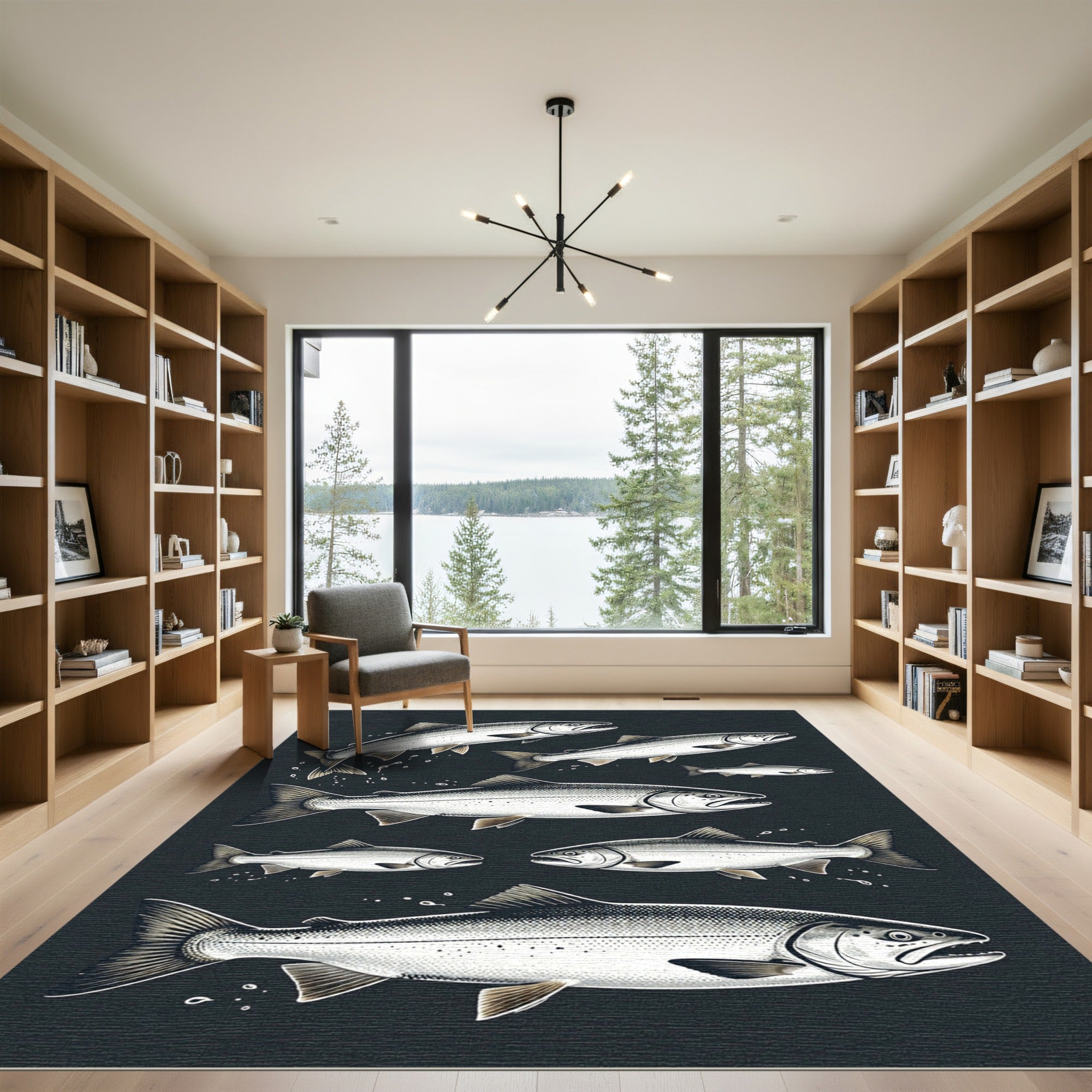 Monochrome Salmon School Dark Backdrop Rug