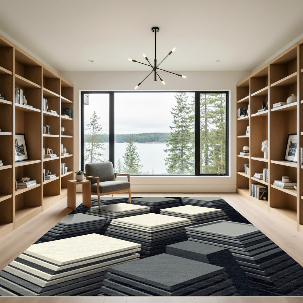 Minimalist Isometric Monochrome Layered Cube Rug