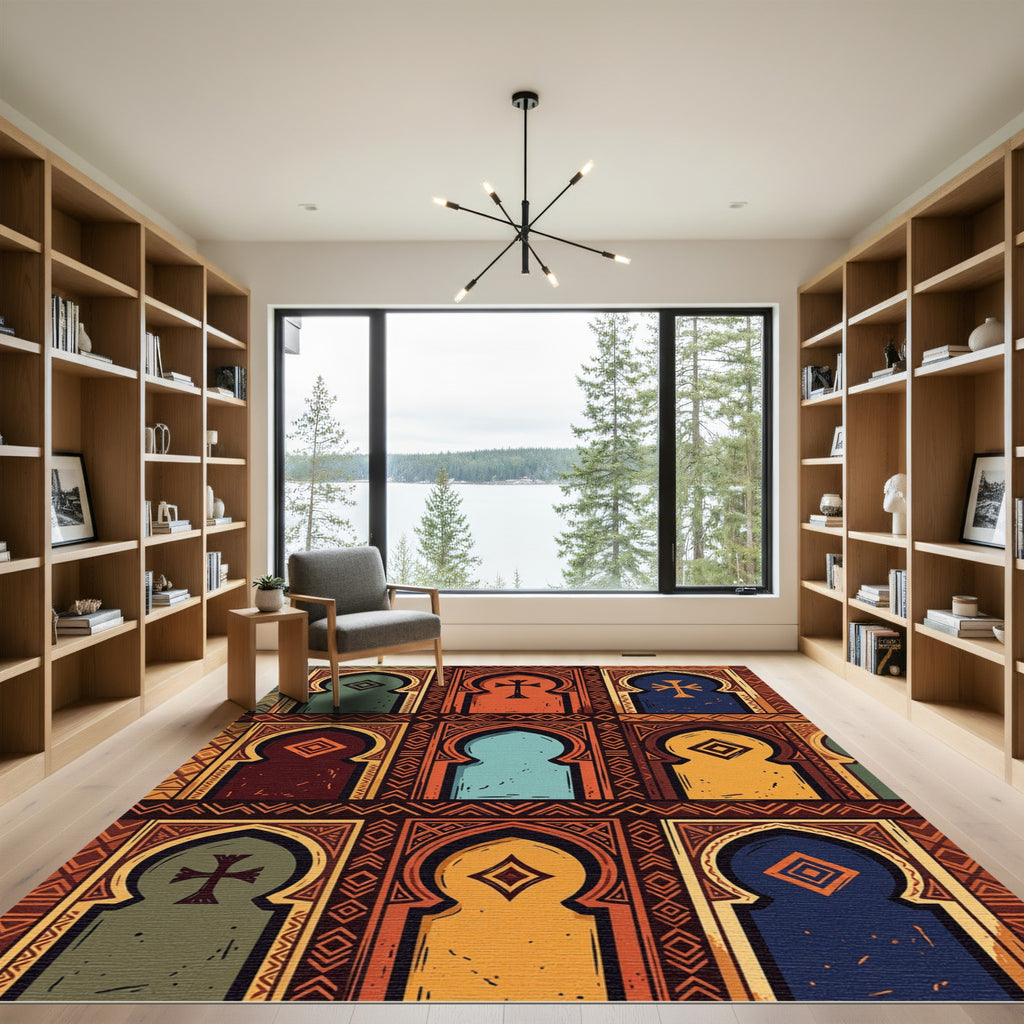Arched Terracotta Blue Medallion Cross Rug