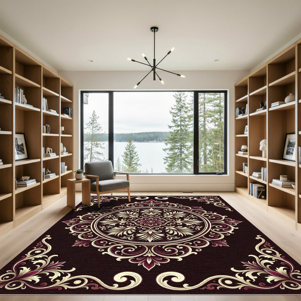 Vibrant Burgundy Floral Medallion Frame Rug