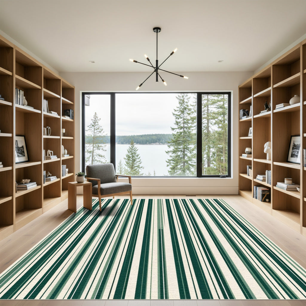 Dark Green Cream Vertical Stripe Rug