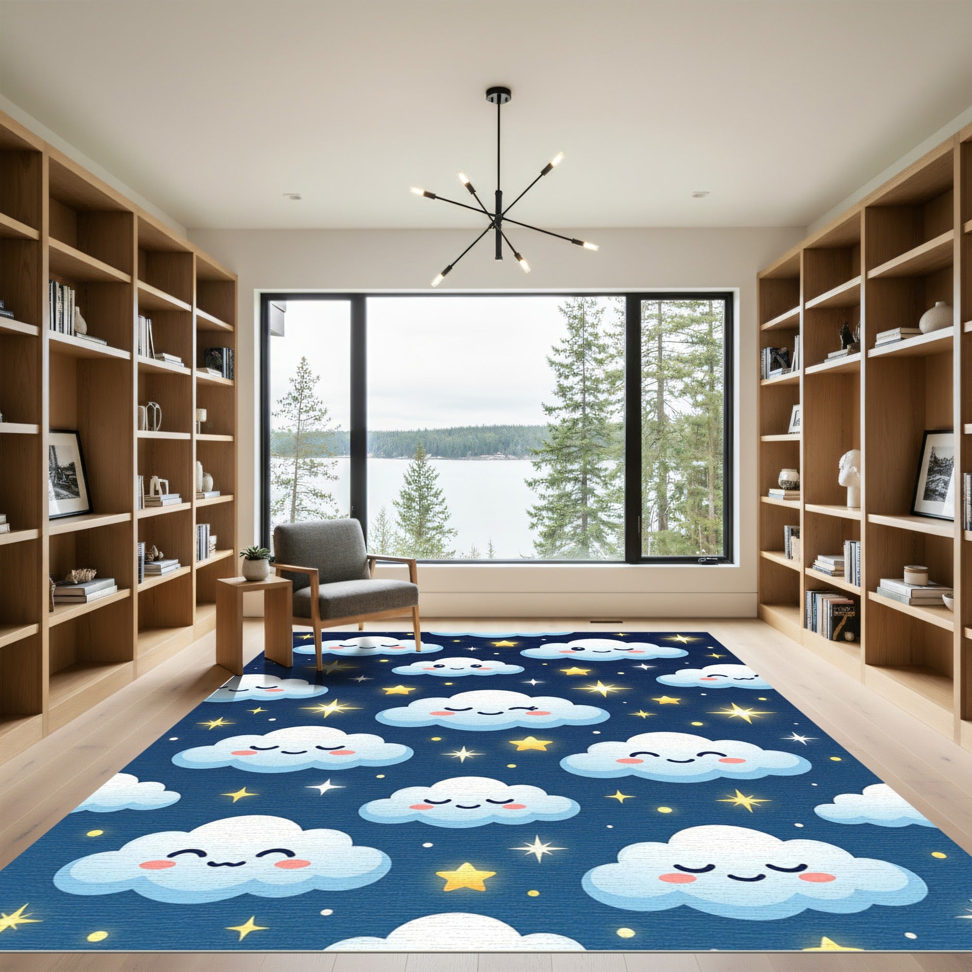 Whimsical Navy Celestial Cloud Starry Sky Rug