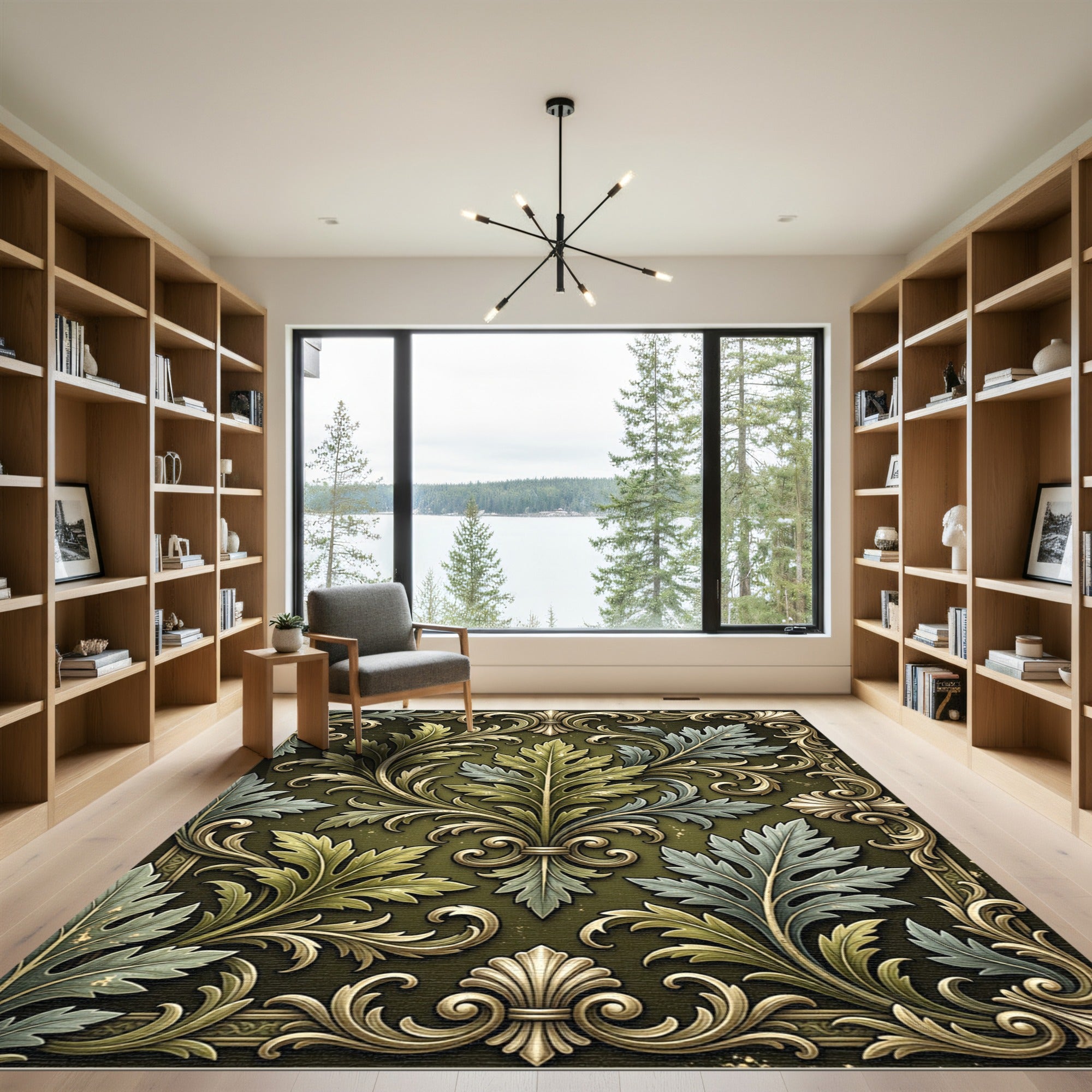 Ornate Forest Green Acanthus Leaf Damask Rug