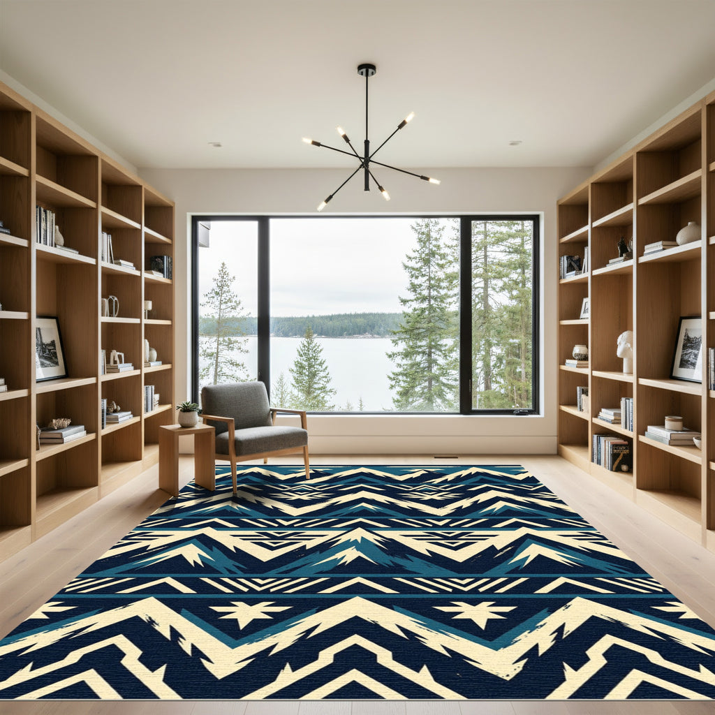 Geometric Navy Blue Mountain Peak Landscape Rug