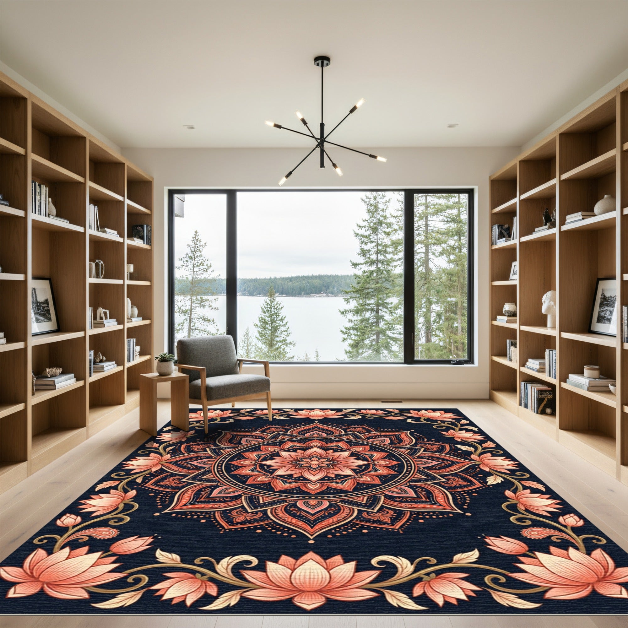 Midnight Peach Lotus Mandala Art Rug