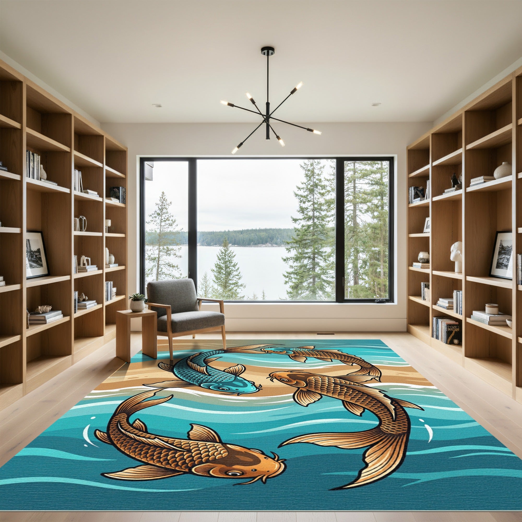 Earthy Koi Fish Circular Wave Accent Rug