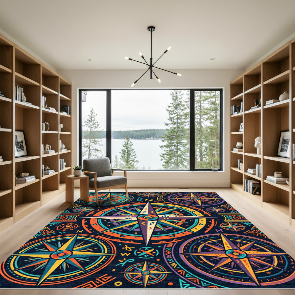 Vibrant Multicolored Celestial Compass Art Rug