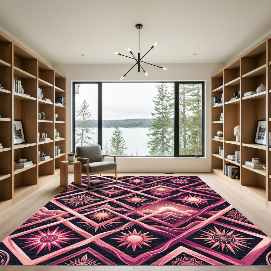 Celestial Sun Diamond Geometric Pink Art Rug