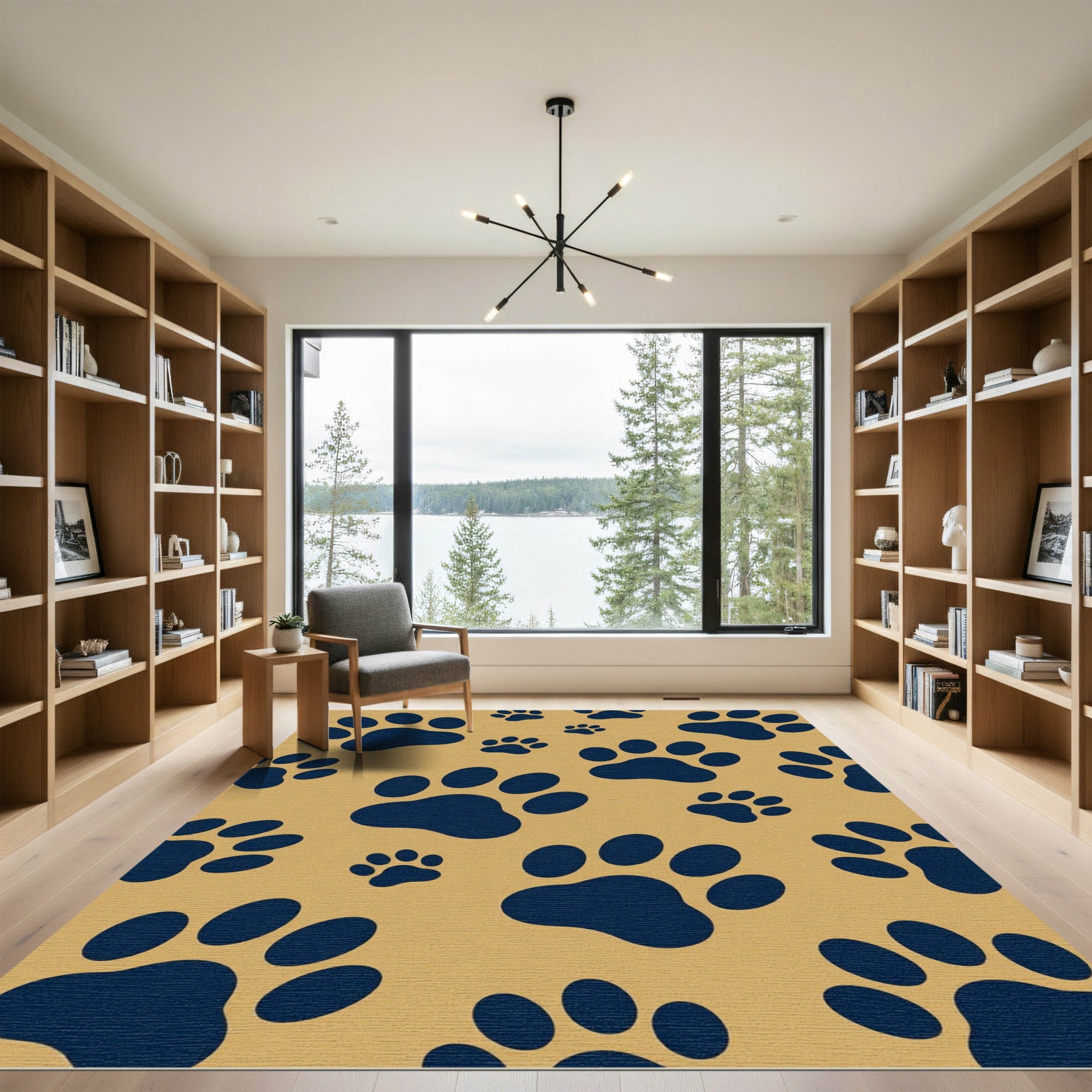 Navy Paw Print Mustard Yellow Rug