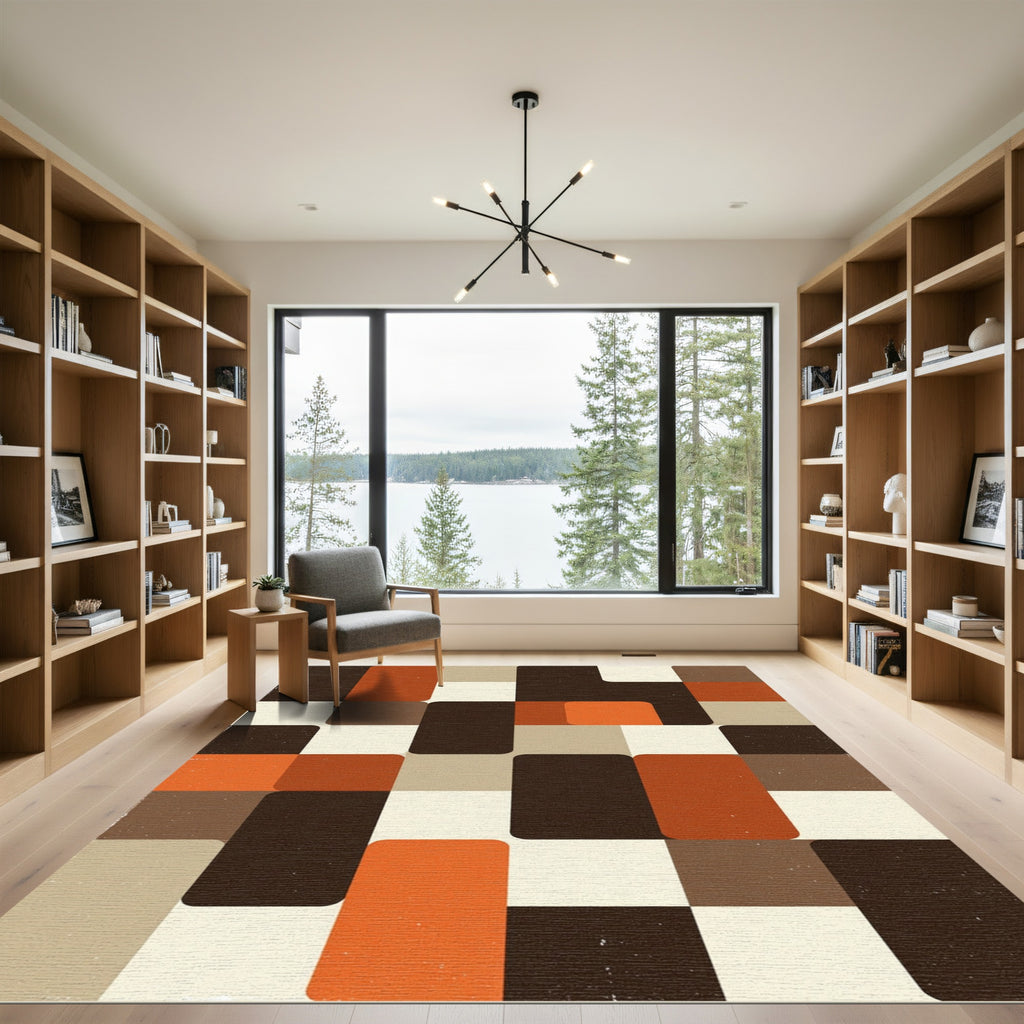 Mid Century Brown Burnt Orange Geometric Rug