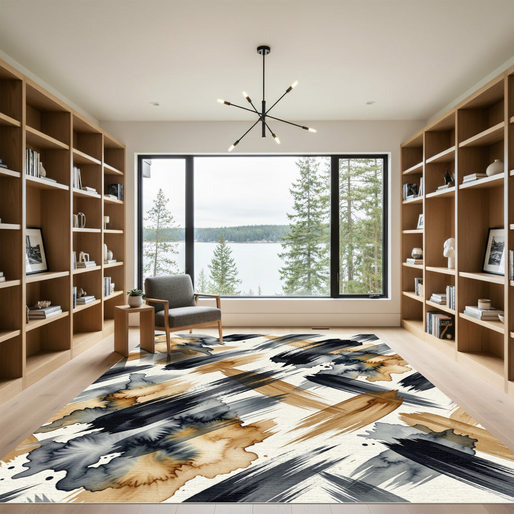 Black and Gold Abstract Brushstroke Rug