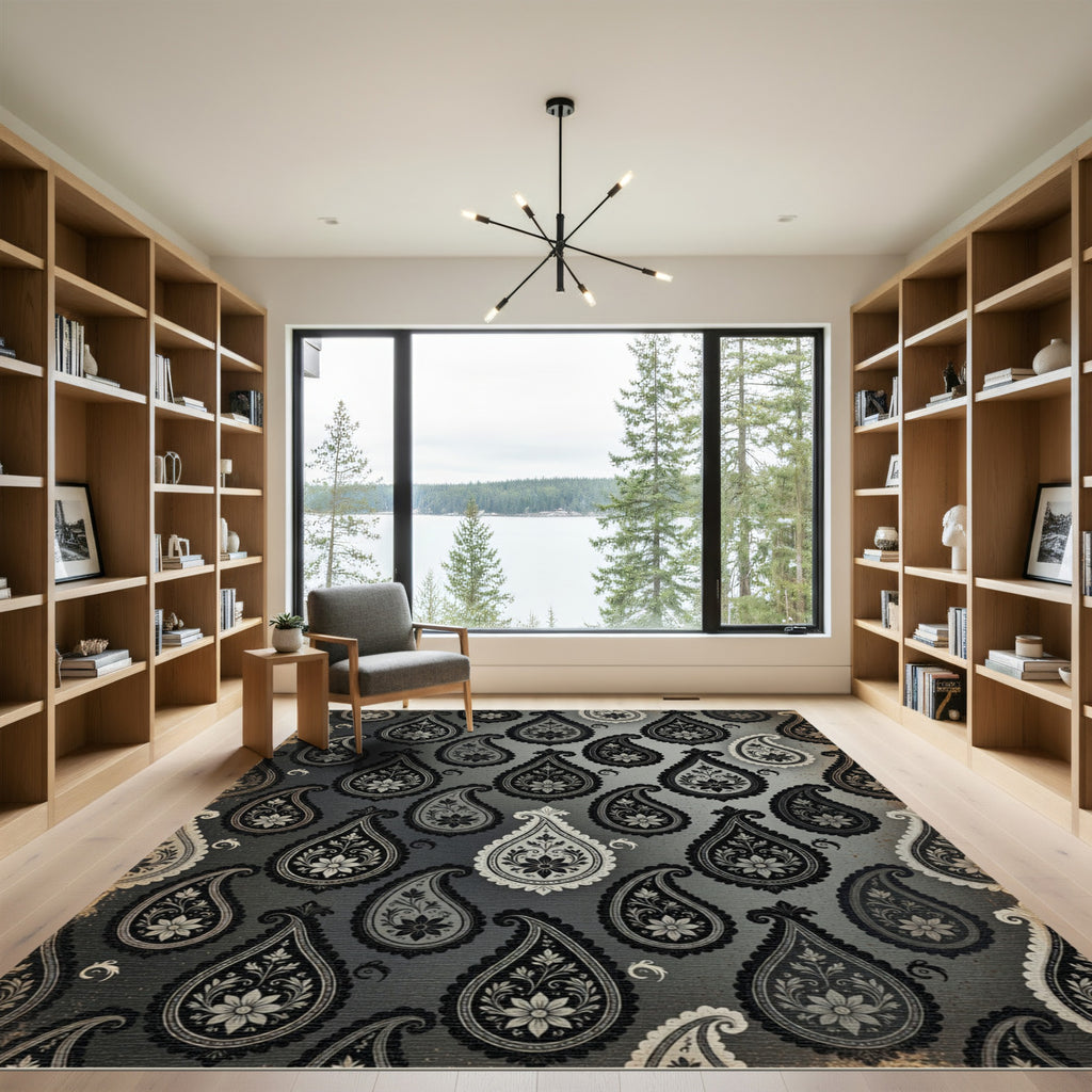 Monochromatic Gray Paisley Floral Medallion Rug