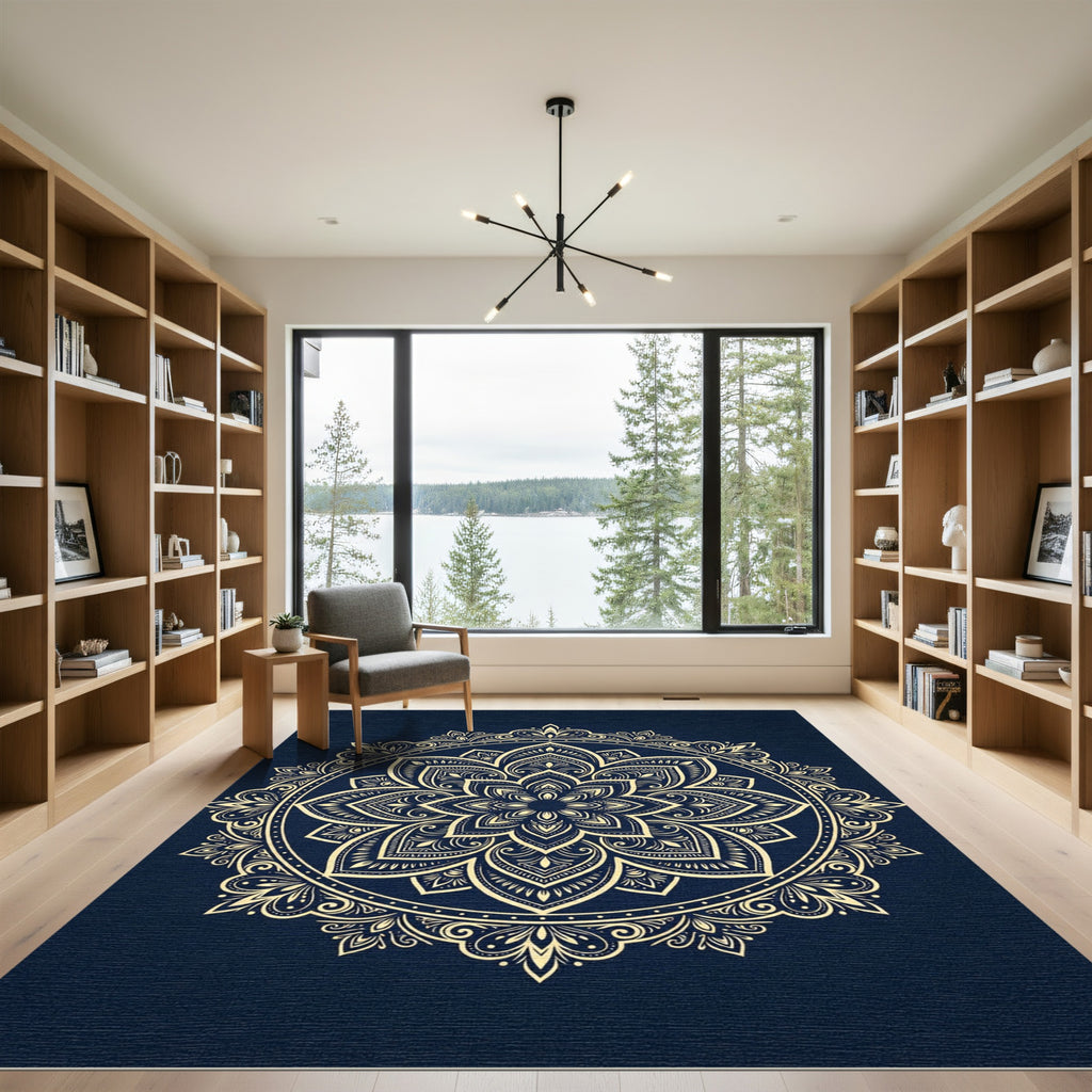 Golden Mandala Navy Circular Medallion Rug