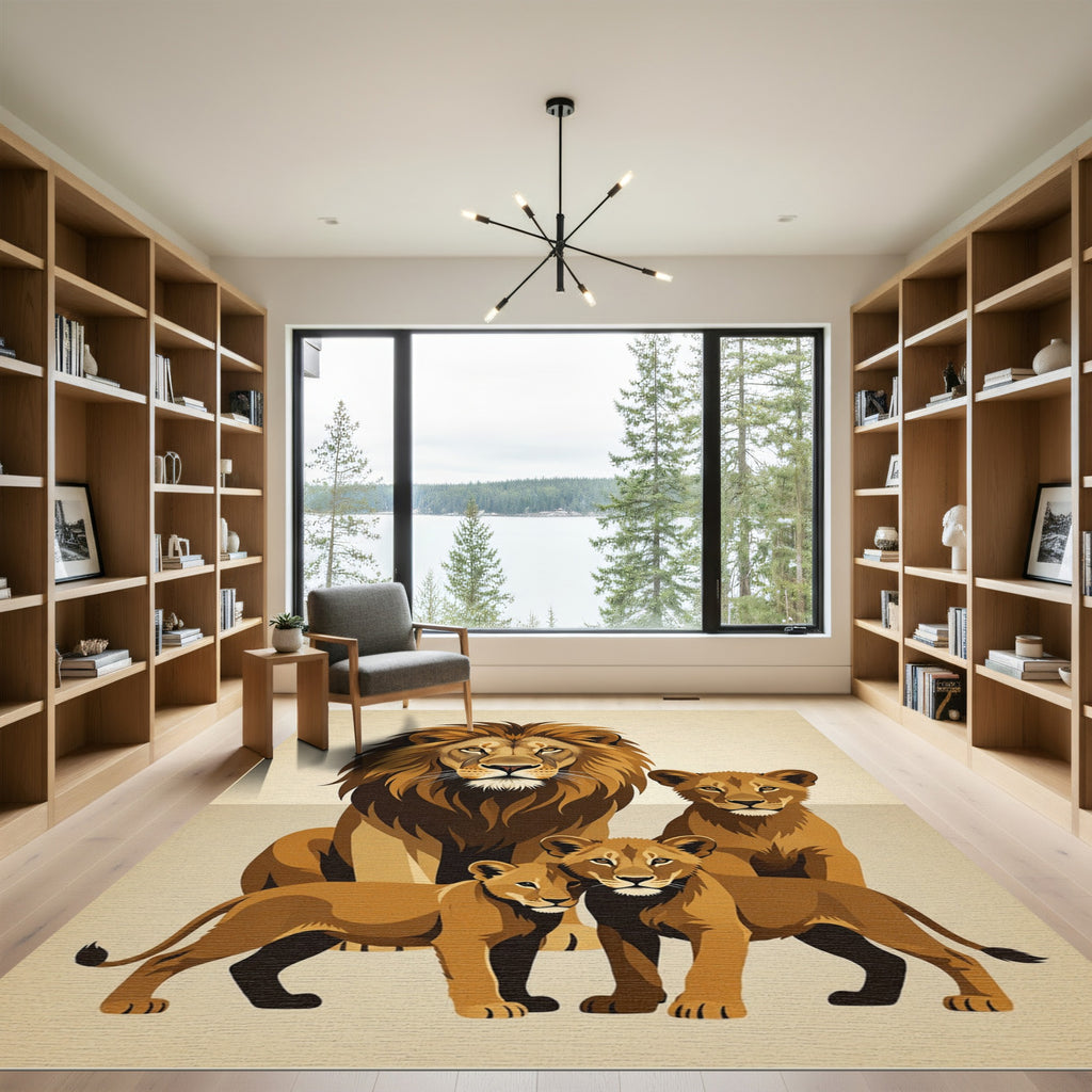 Majestic Golden Lion Family Art Rug
