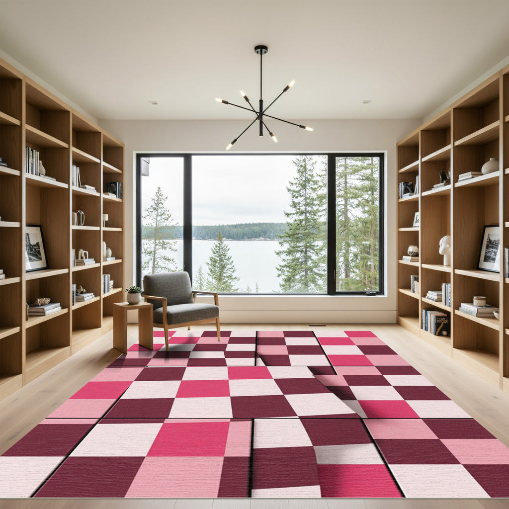 Crimson Pink Checkerboard Geometric Rug