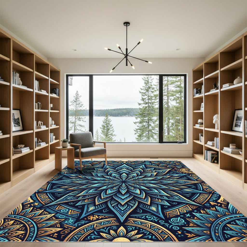 Blue Gold Mandala Lotus Sacred Geometry Rug