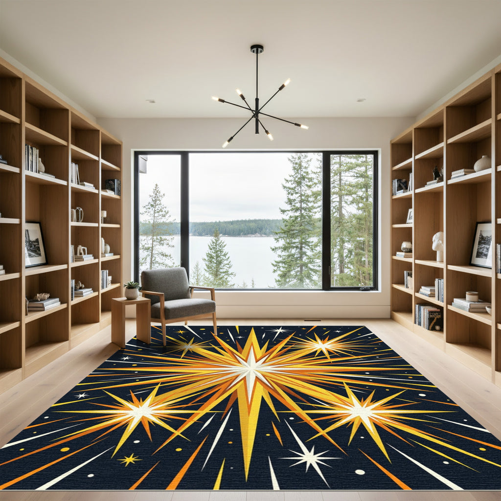 Radiant Golden Burst Celestial Art Rug