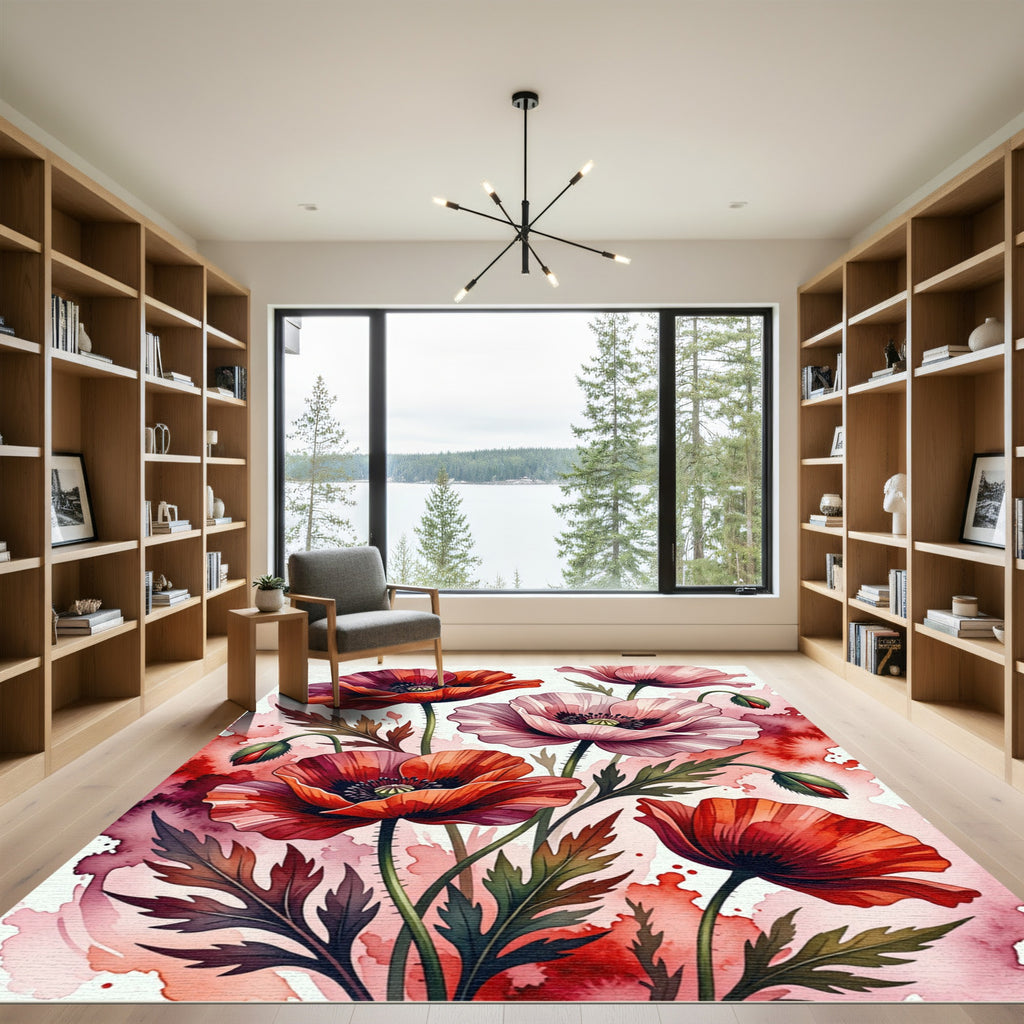 Vibrant Red Pink Watercolor Poppy Field Rug