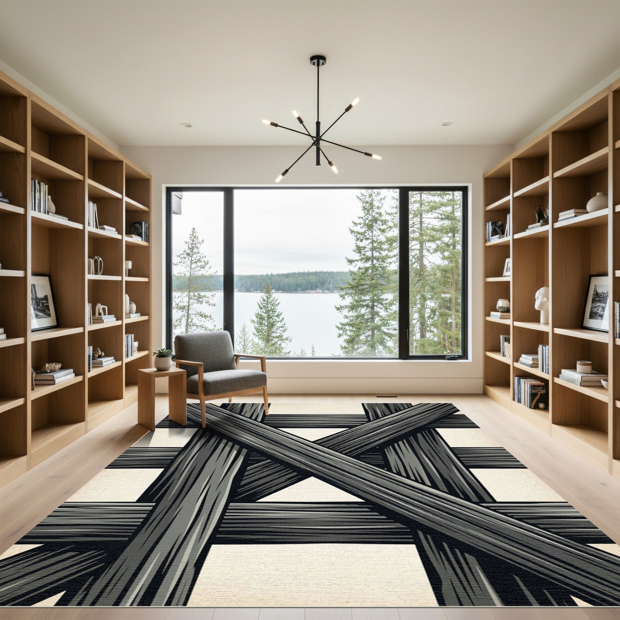 Monochrome Charcoal Abstract Intersecting Beam Rug