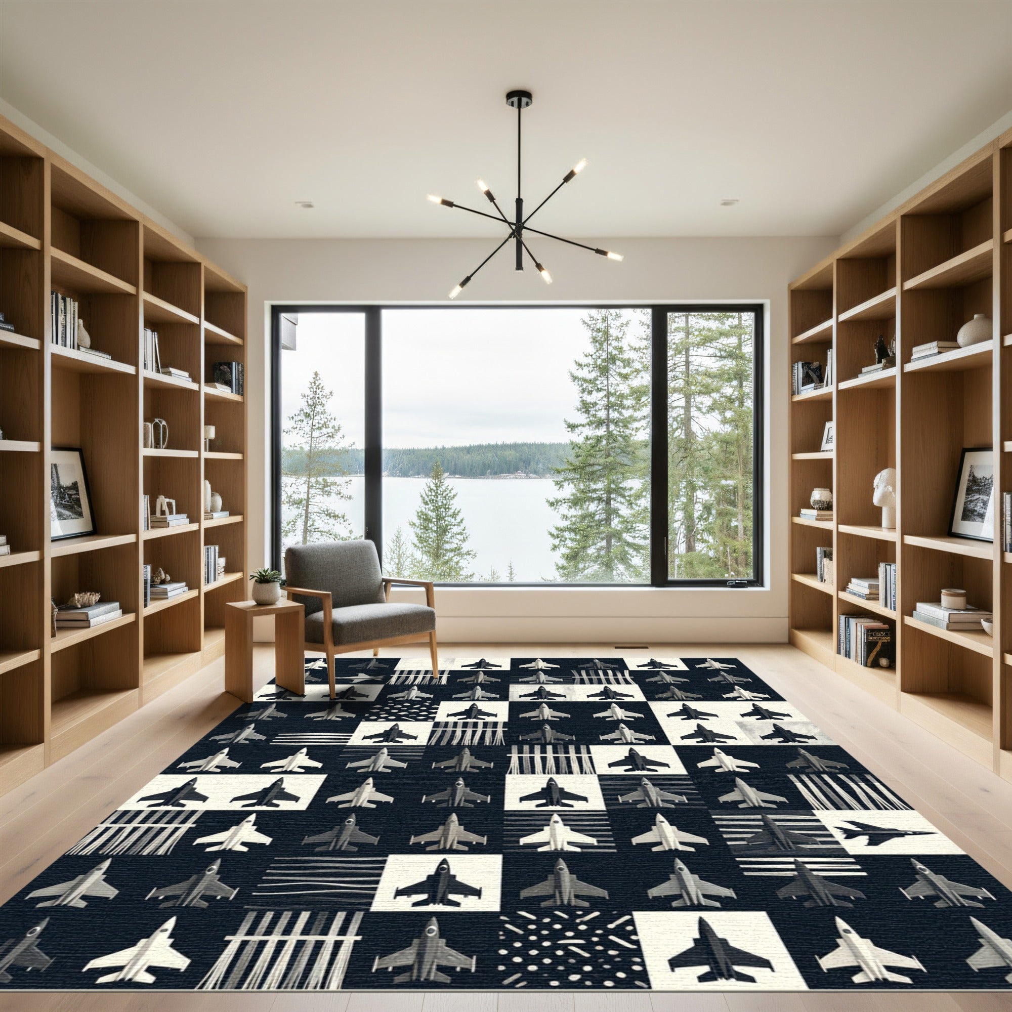 Monochrome Jet Aircraft Geometric Grid Rug
