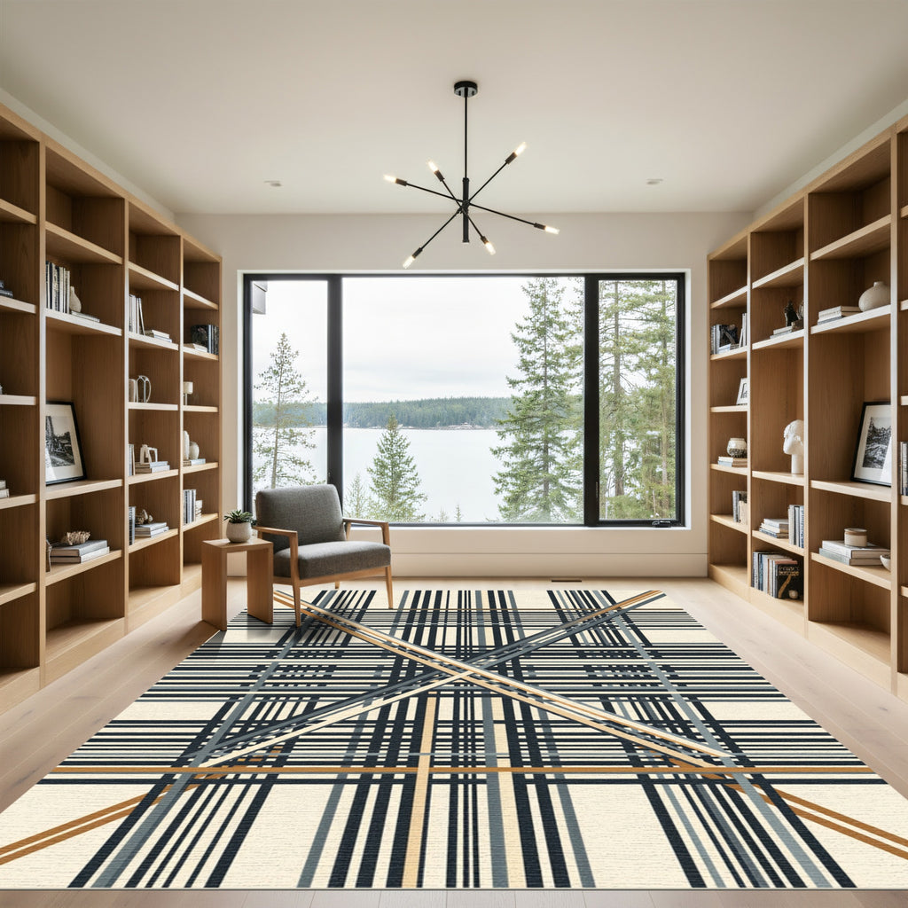 Contemporary Neutral Plaid Grid Lines Rug