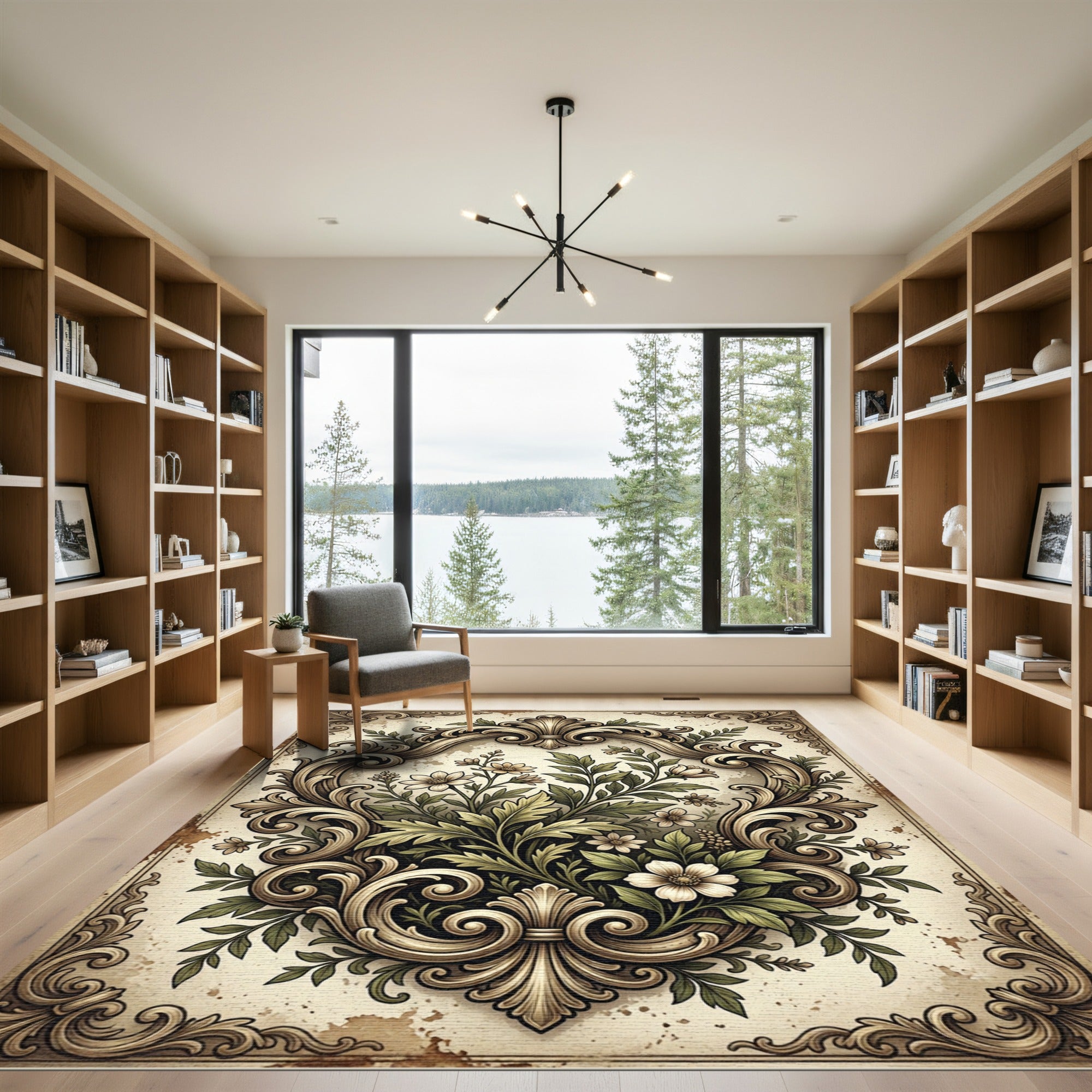 Elegant Cream Botanical Scroll Floral Art Rug
