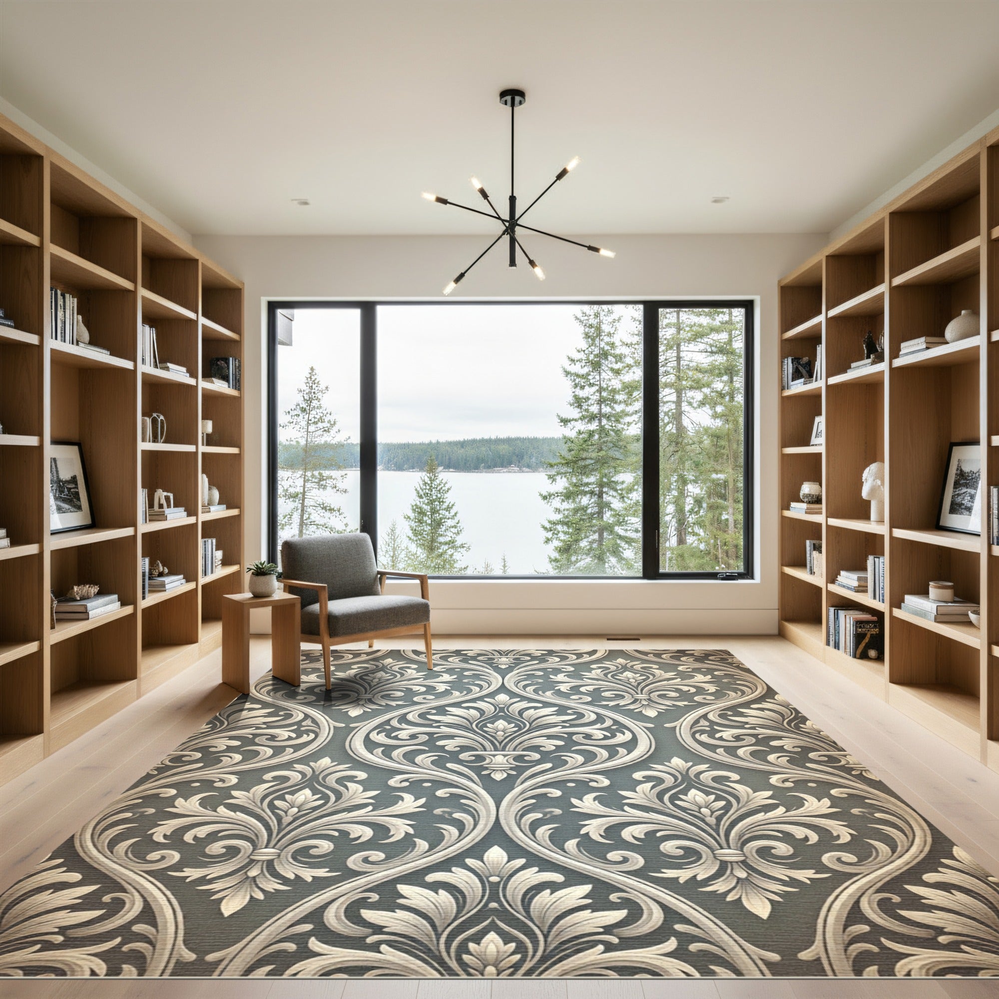 Elegant Gray White Damask Floral Scroll Rug