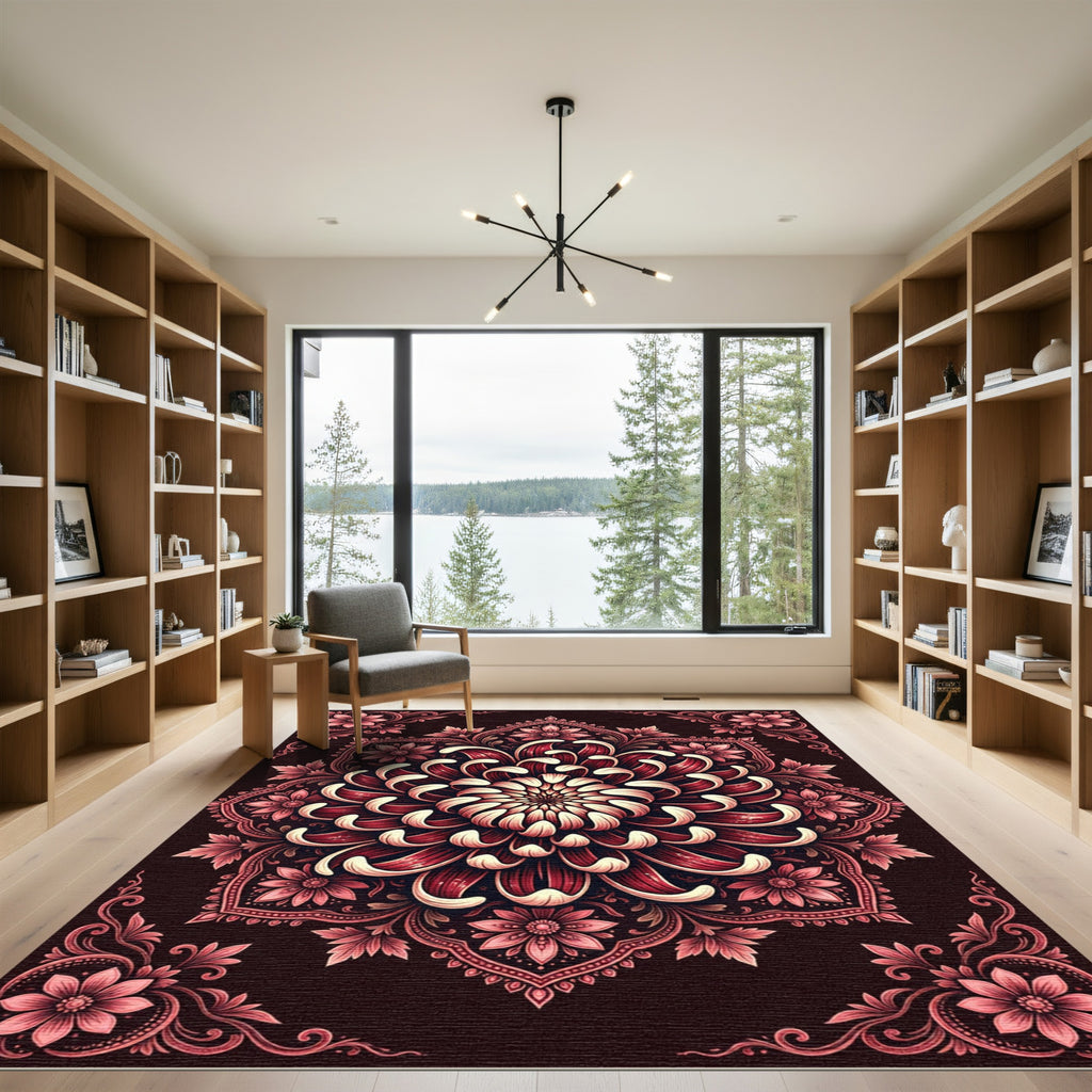 Crimson Chrysanthemum Floral Symmetry Medallion Rug