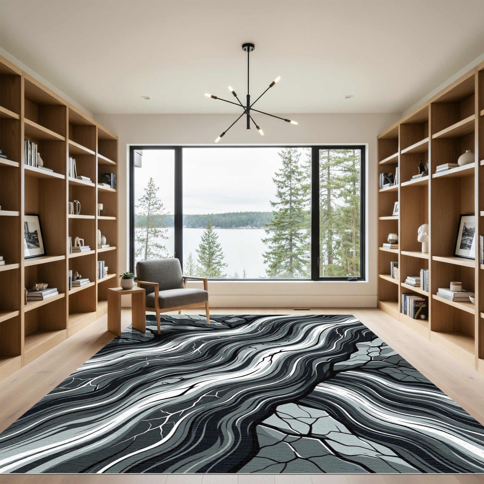 Monochrome Abstract Flowing River Rock Rug