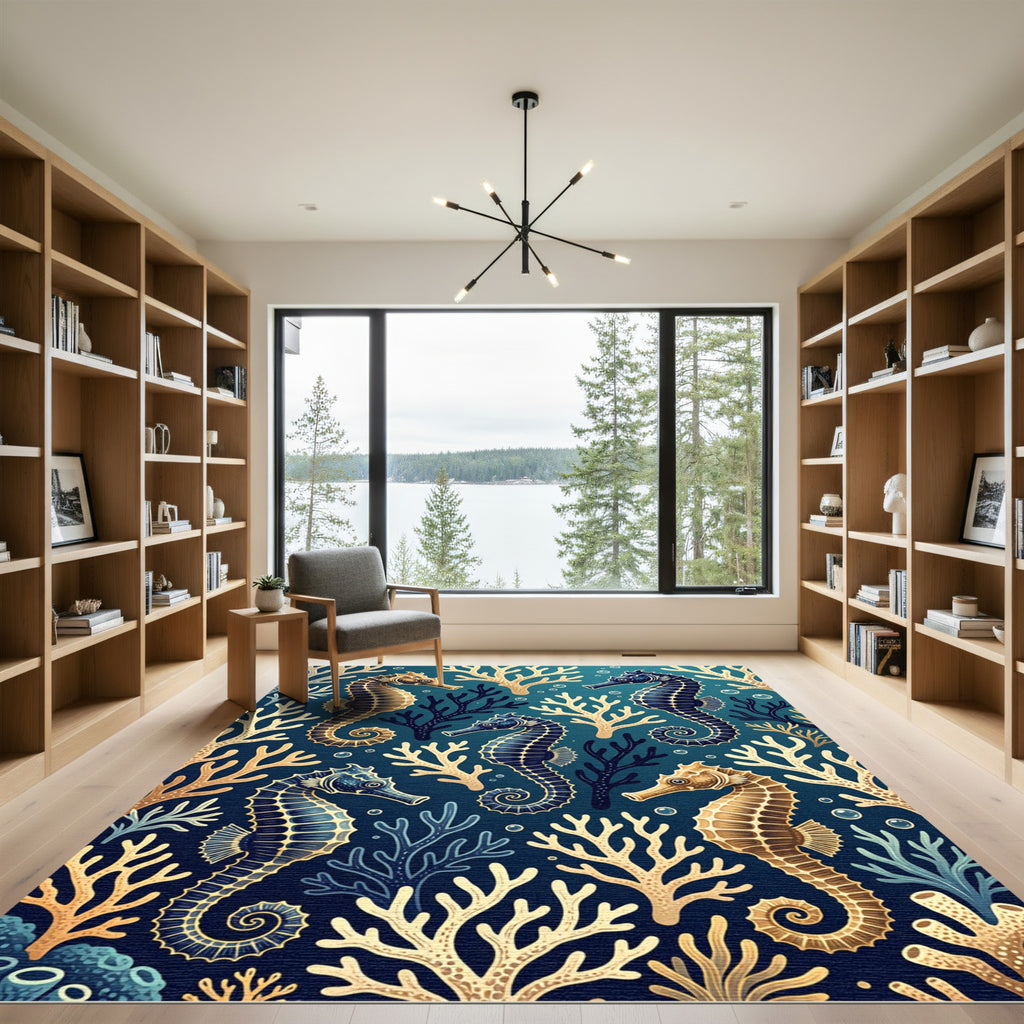 Golden Seahorse Deep Sea Coral Reef Rug