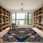 Elegant Navy Gold Rose Floral Medallion Rug