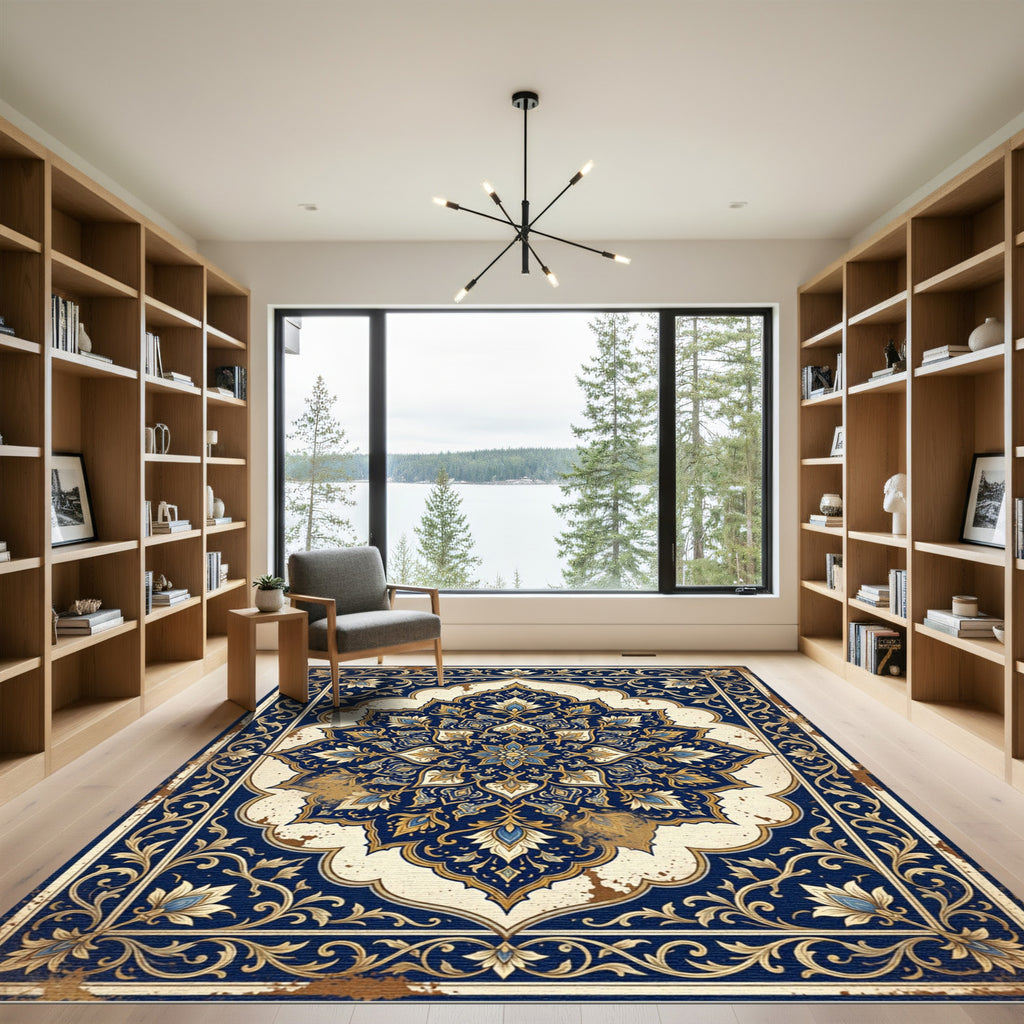 Ornate Blue Gold Floral Mandala Rug