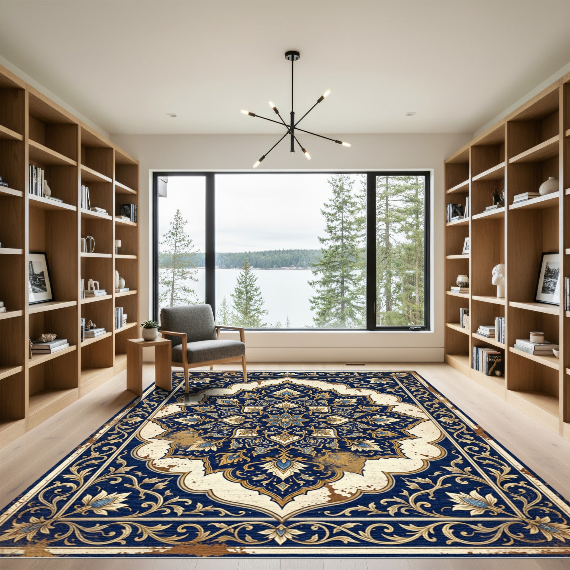 Ornate Blue Gold Floral Mandala Rug