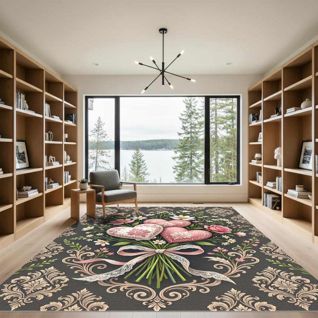 Pink Heart Floral Bouquet Damask Rug