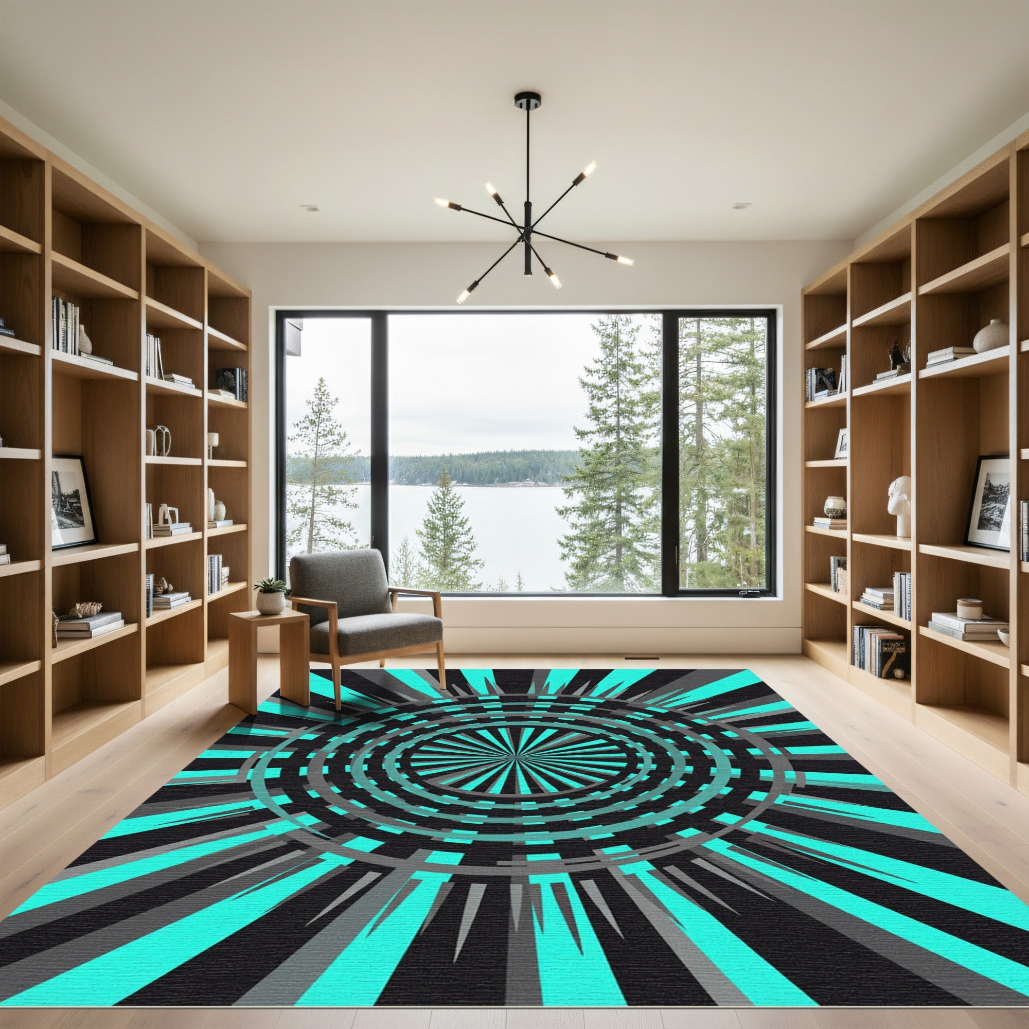 Cyan Electric Geometric Abstract Radial Vortex Rug
