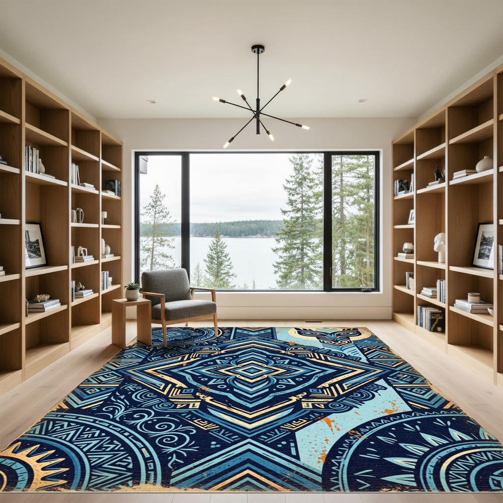 Midnight Blue Geometric Tribal Medallion Rug