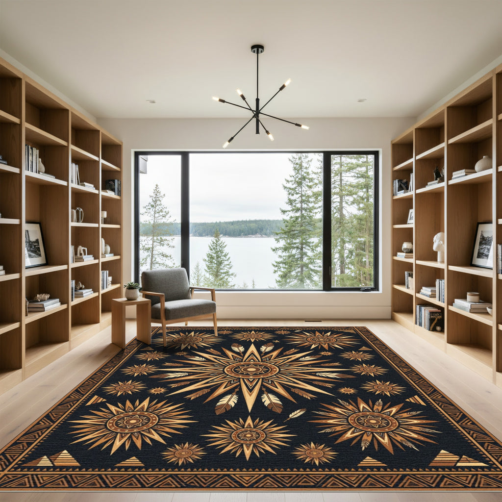 Golden Sun Feather Tribal Medallion Rug