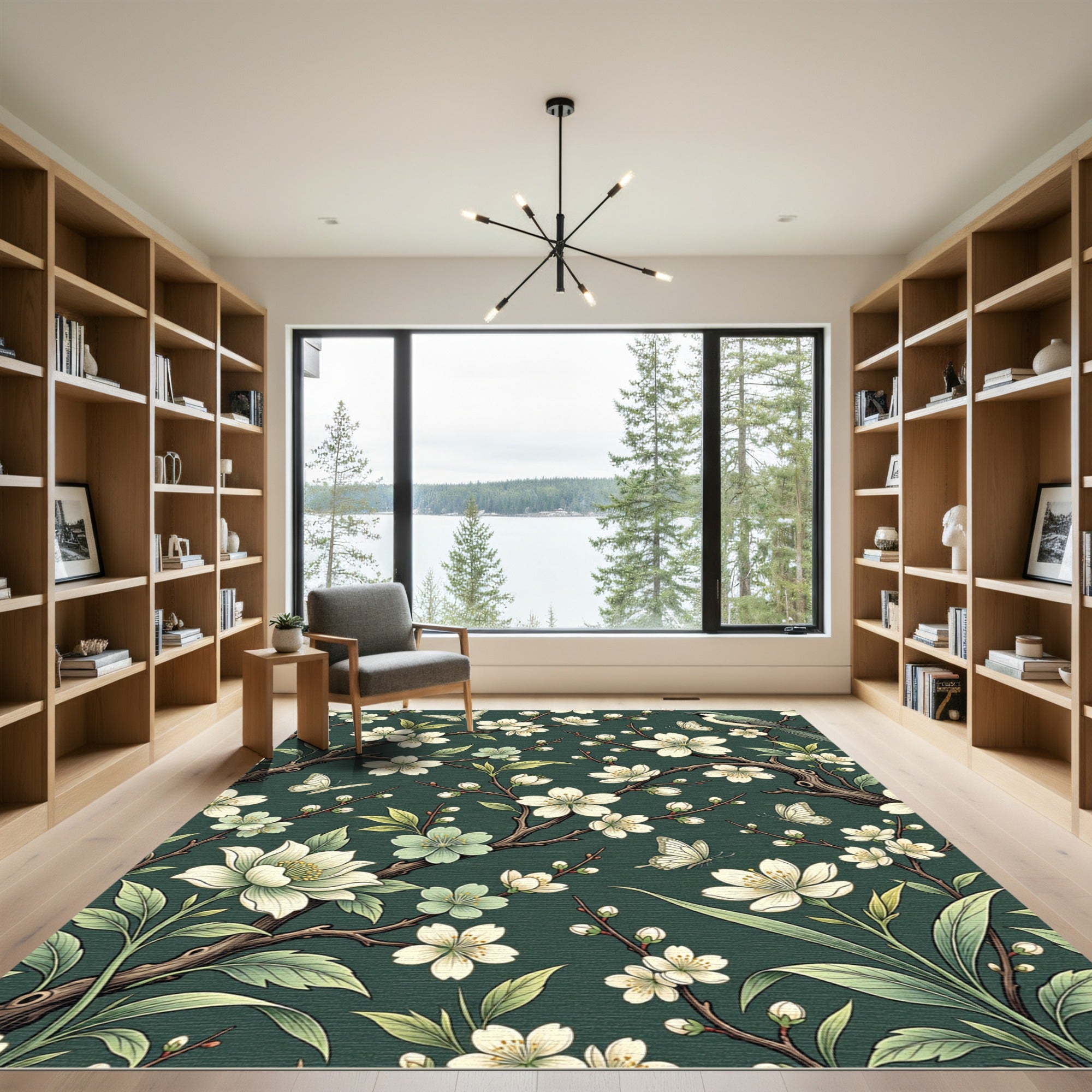Elegant White Cherry Blossom Teal Rug