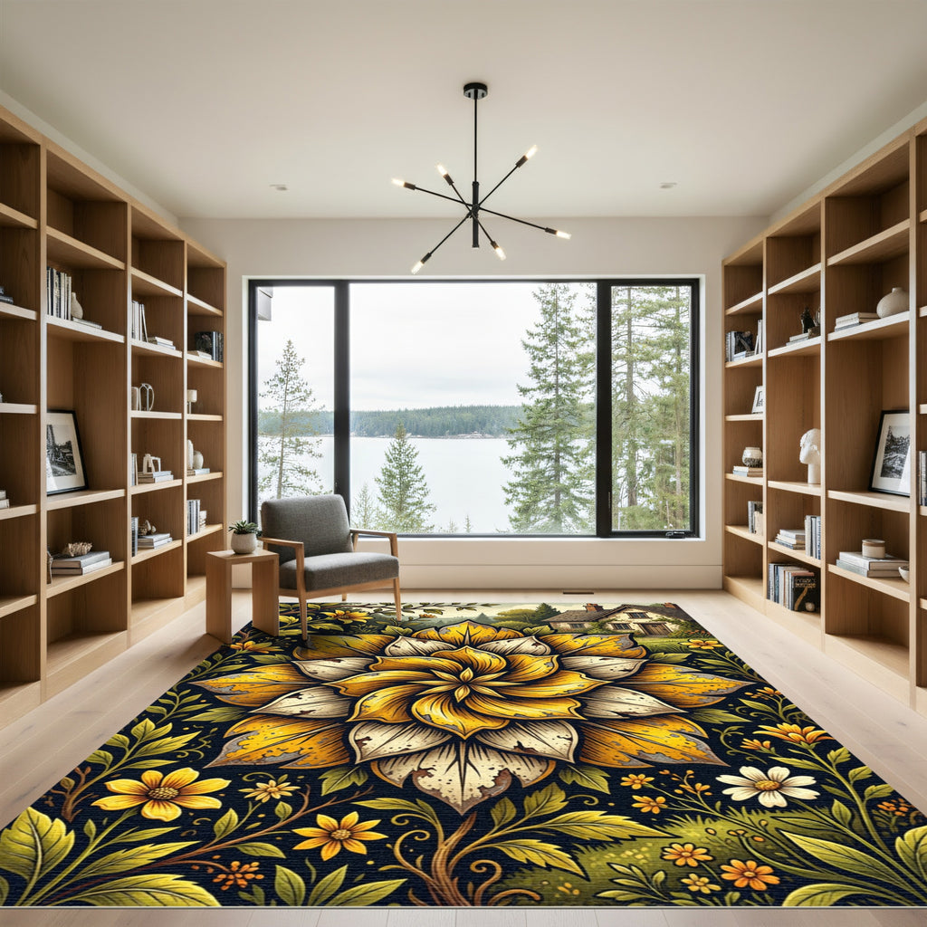 Golden Autumn Floral Mandala Rug