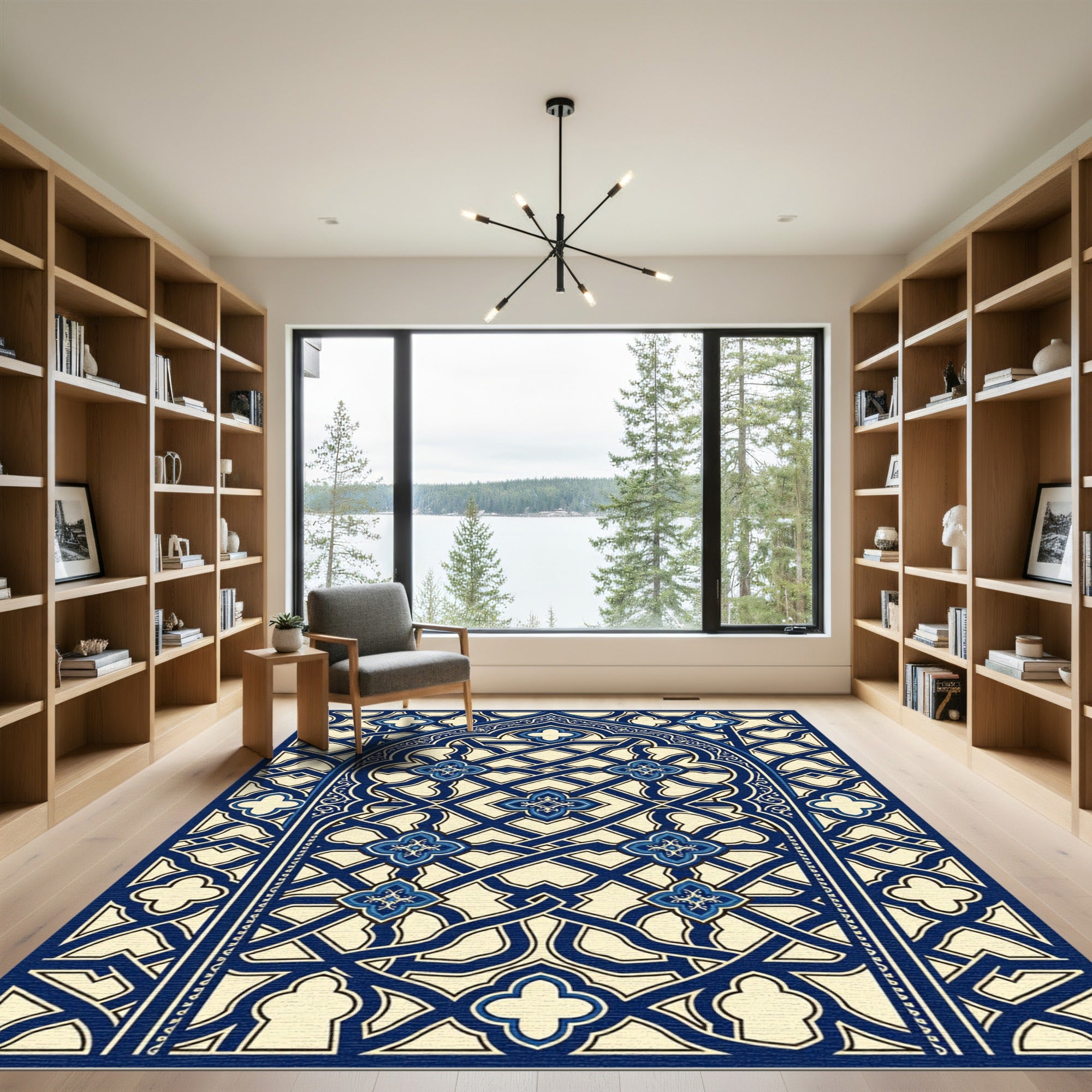 Ornate Navy Blue Geometric Arched Tapestry Rug